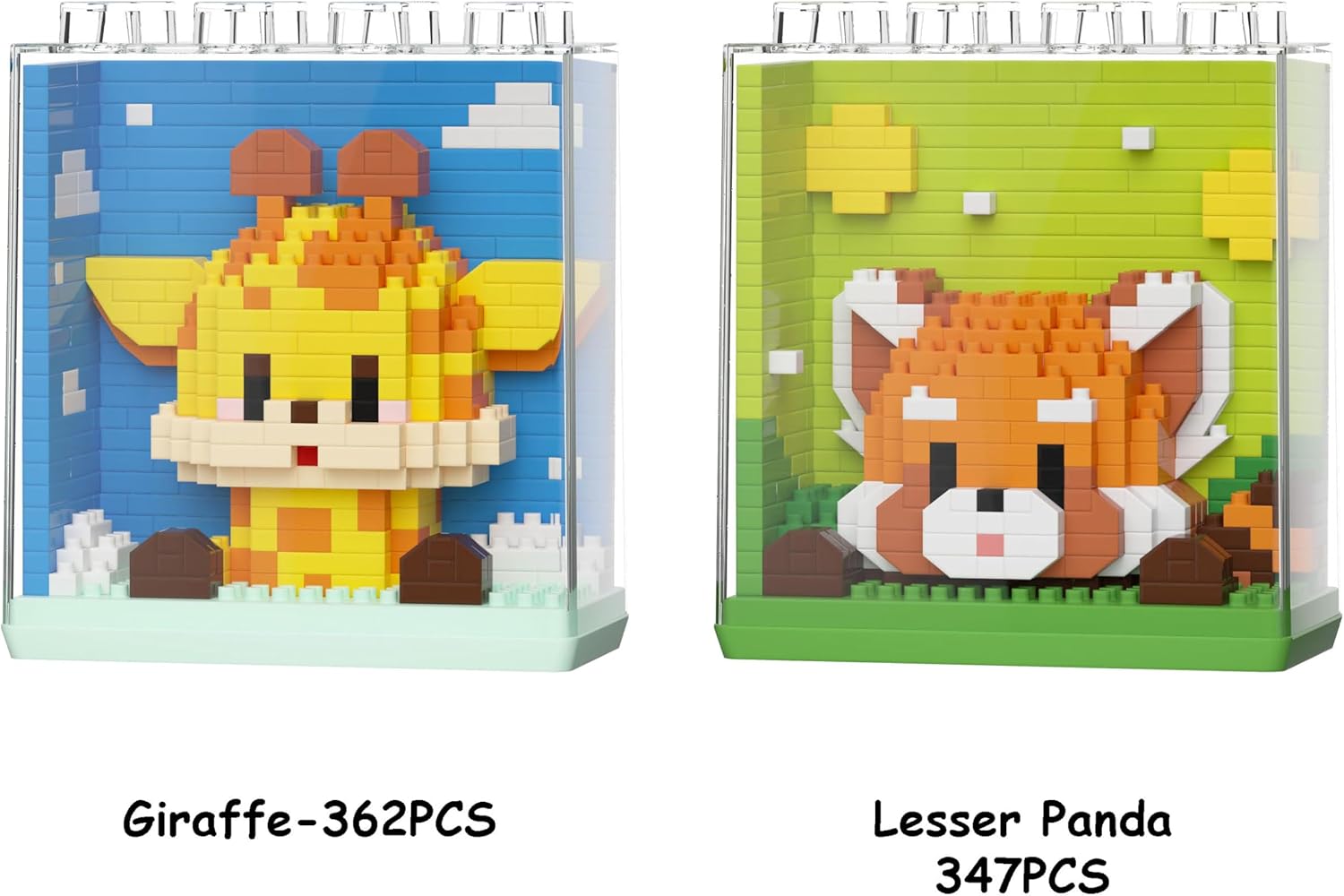 Assembled Giraffe and Lesser Panda mini building block figures, each with their piece count (Giraffe-362PCS, Lesser Panda-347PCS).
