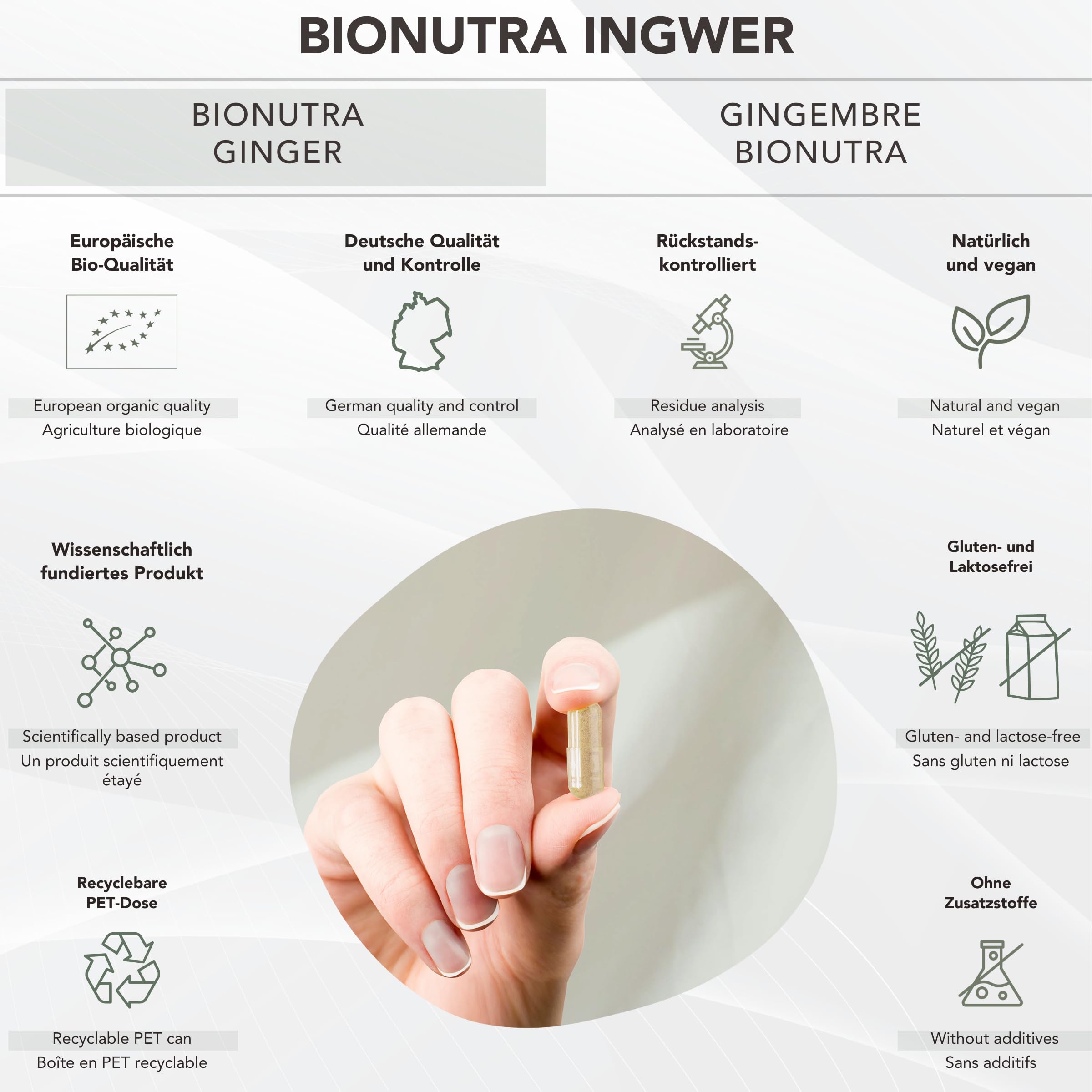 BIONUTRA® Capsule di zenzero biologico, alto dosaggio 1300 mg/giorno, controllo residui, produzione tedesca, vegane, senza lattosio né glutine, senza additivi, radice di zenzero bio, 270 x 650 mg
