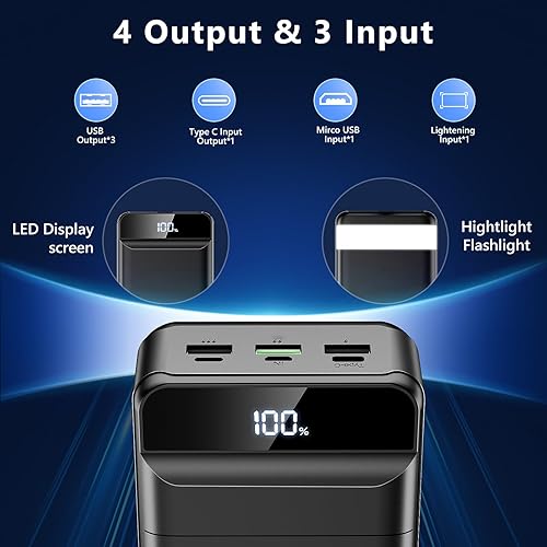 Miniatura 4 de Power Bank 60000mAh 22.5W Cargador portátil de carga rápida con linterna, 4 salidas y 3 entradas pantalla LED, gran capacidad, batería externa para