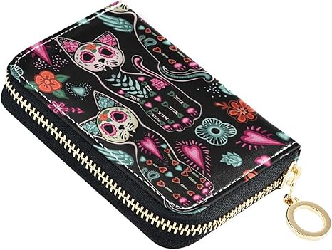 RFID Credit Card Holder Gothic Cat Sugar Skull Leather With Zipper Card Case Wallet for Women Girls