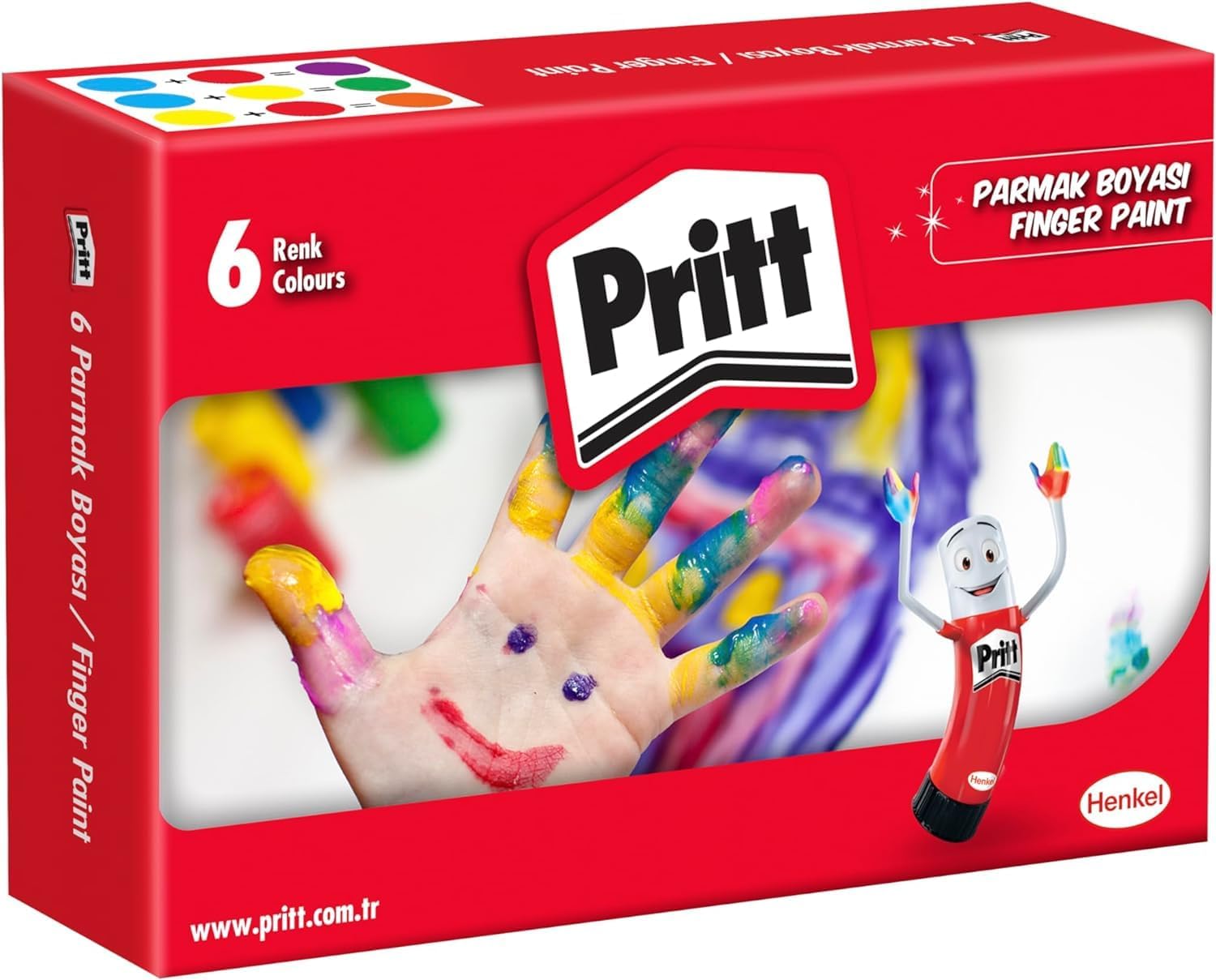 Pritt Parmak Boyaları, Su Bazlı Çocuk Boyası, Kolayca Silinebilir Sağlıklı Parmak Boyası, Zararsız Kırtasiye Malzemesi, Yaratıcı Oyun Boyası, 6 Renkli Kutu (6x30ml)