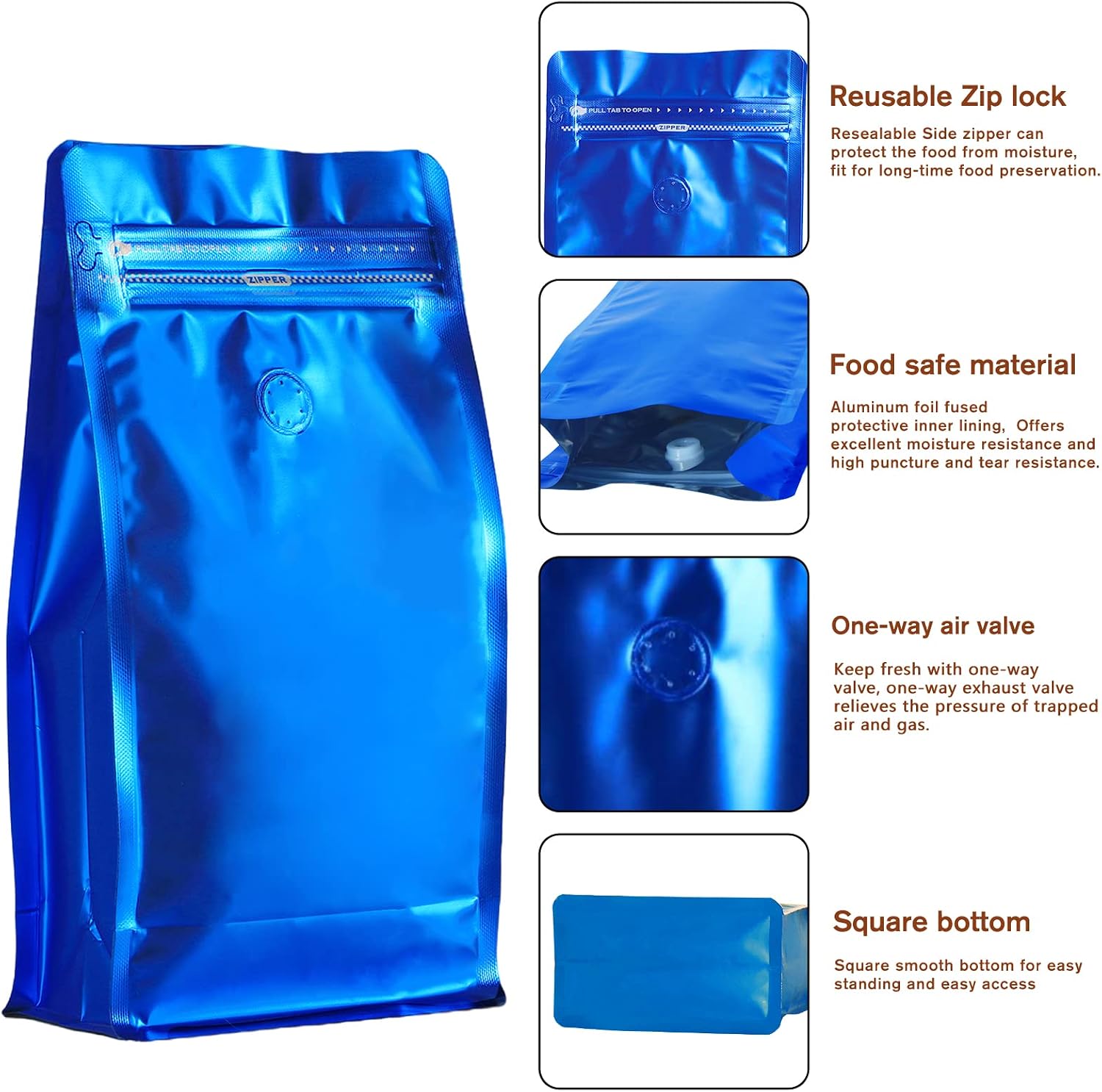 REMTAP Coffee Bags with Valve(50pcs,16 oz) Navy Blue High Barrier Aluminumed Foil Flat Bottom Standing Coffee Beans Storage Bags,Reusable Heat Sealable Side Zipper Pouches for Home or Store image 3