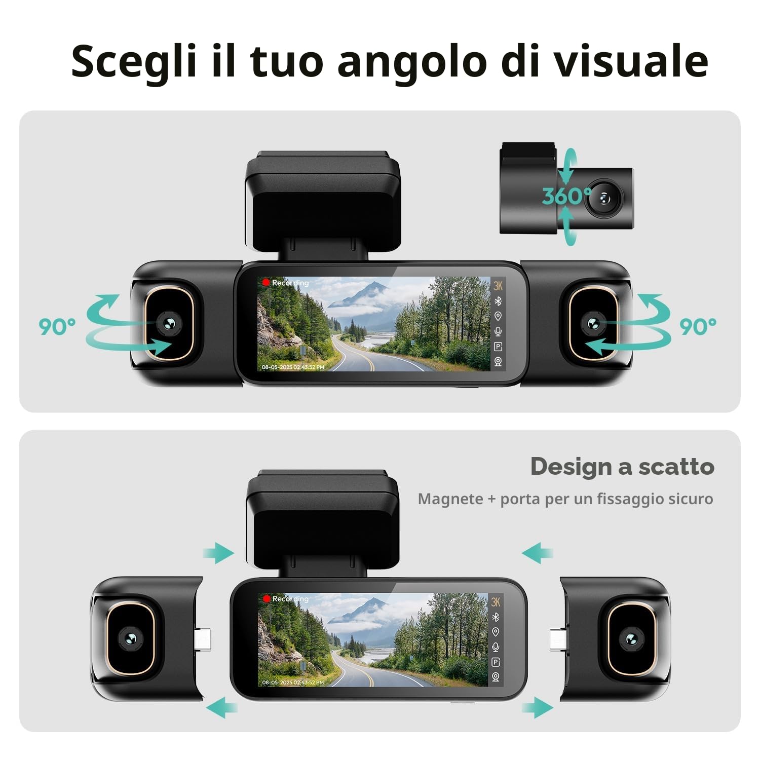 BOTSLAB 3K 4 Canali Dash Cam, Telecamera Anteriore 3K/4K e Telecamera per Auto 1080p*3 Sinistra Destra Interna, Dash Cam a 560° per Auto, 5,8GHz WiFi,GPS, Controllo Vocale, Scheda SD da 128 GB Inclusa
