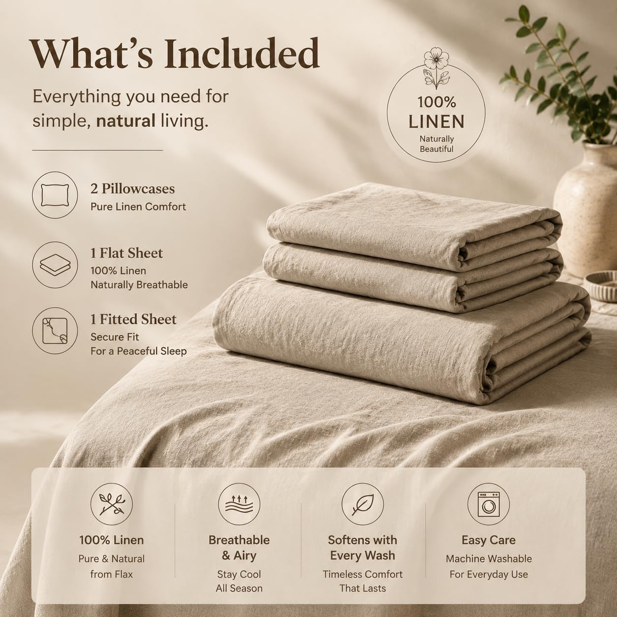 MEISHANG 100% French Linen Sheets California King,4 Pcs,18-24" Deep Pocket | Soft Durable Linen Sheets, Breathable, Anti-Tear, OEKO-TEX Certified, Easy Care Machine Washable