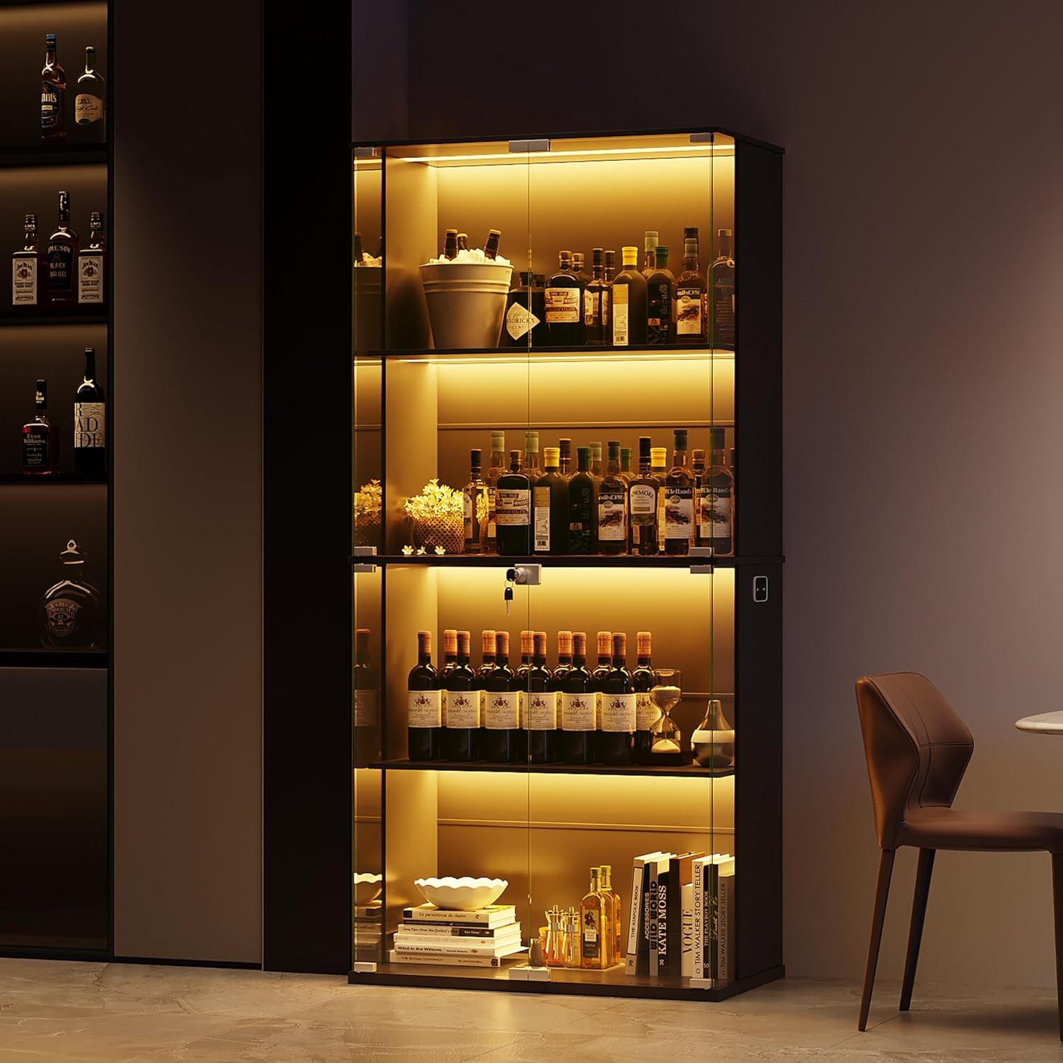 Gurexl 168 CM Vitrina de Cristal con LED luz y Sensor de Movimiento,Vitrinas de 4 Niveles para Colecciones con Puerta de Cristal con Cerradura,Curio Vitrina para Sala de Estar,Coleccionables,Negro