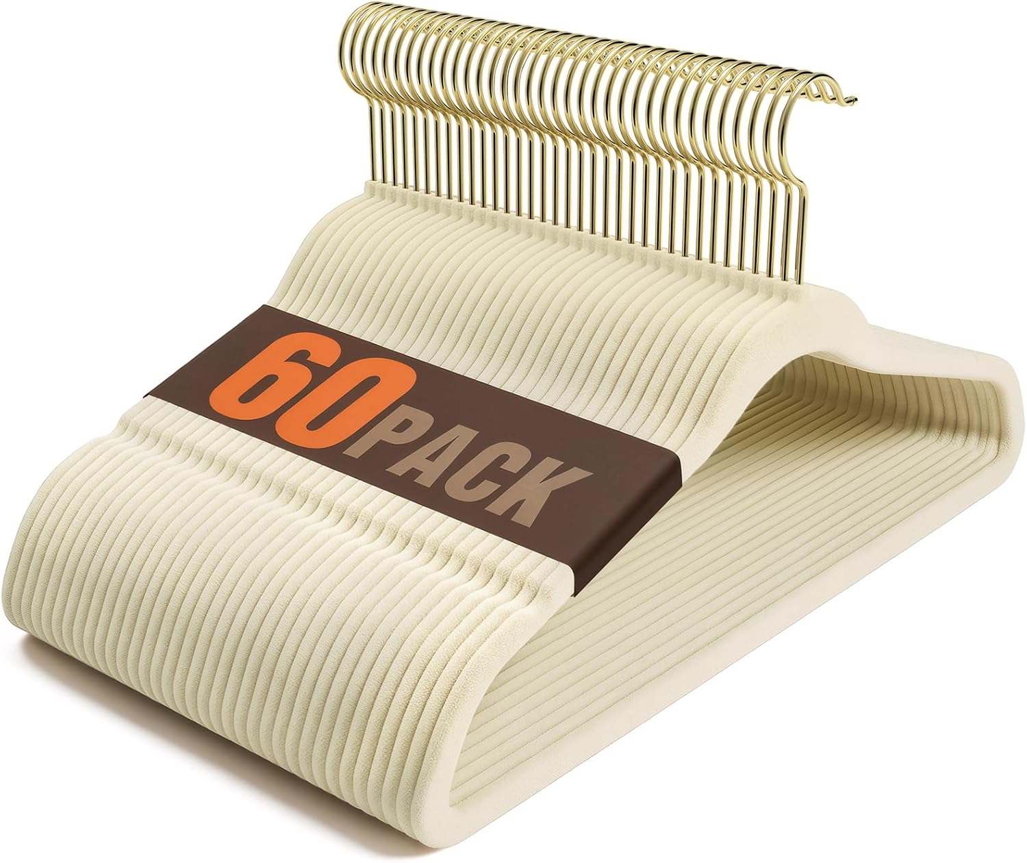 Flottian 60 Pack Beige Velvet Hangers Non Slip,Felt Hangers with Gold Hook
