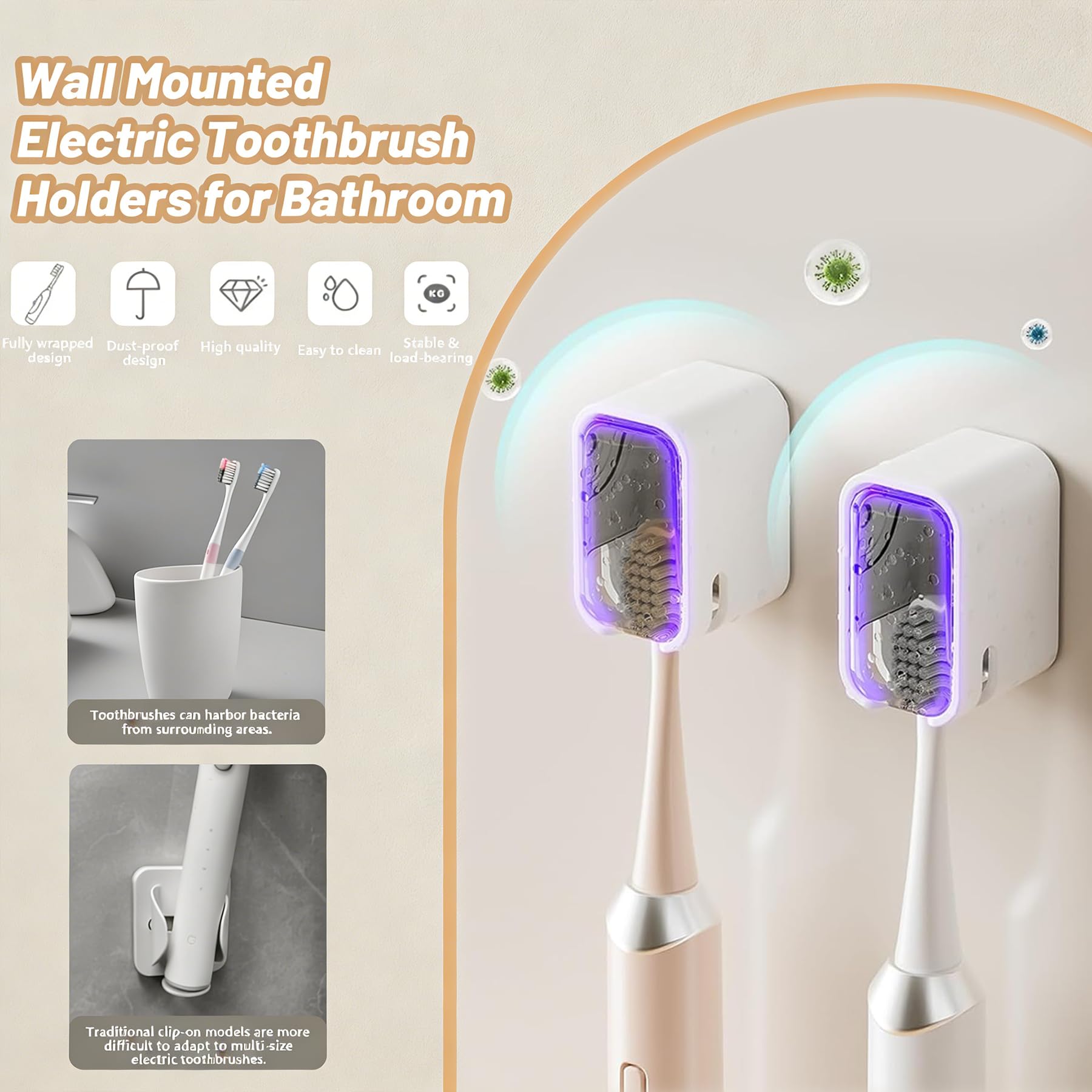 Toothbrush Holders for Bathroom - 3 Pack, Wall Mounted with Cover, Space-Saving Single Slot Toothbrush Holder for Shower, Family & Travel - 3