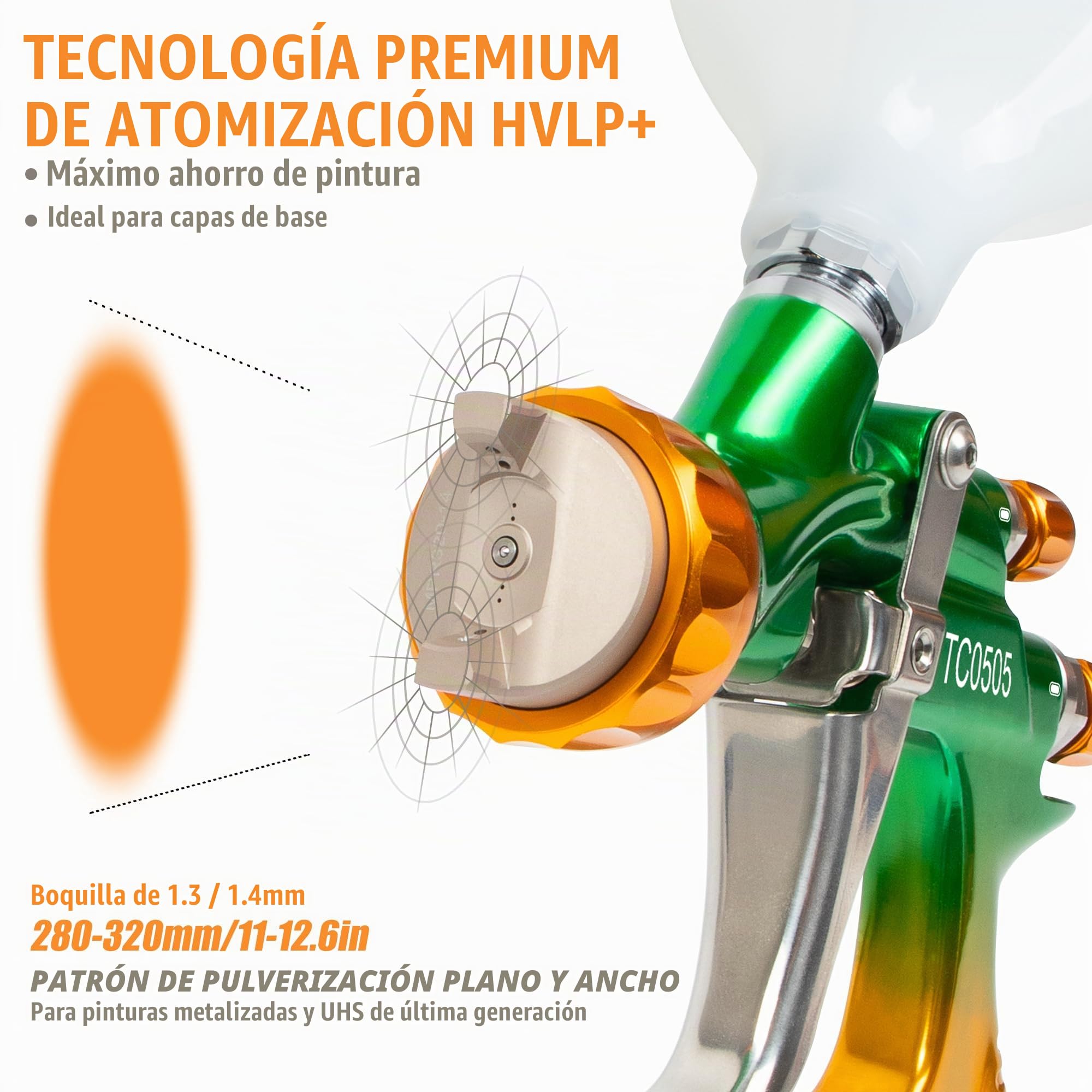 BEETRO Pistola de Pintura HVLP Profesional para Automóviles, 280-320mm Ancho Patrón de Pulverización, 1.3/1.4mm Boquilla, 600ml Capacidad 14CFM 29-32psi