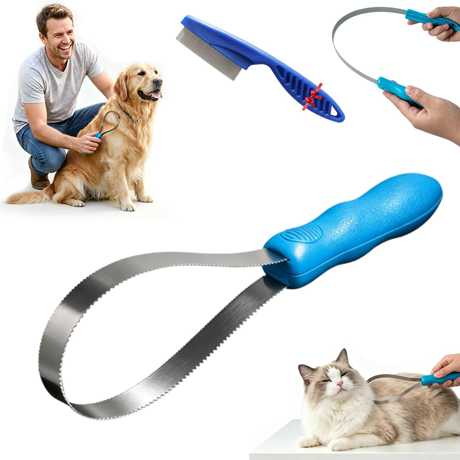 Dual Sided Shedding Blade for Cats, Dual-Sided Stainless Steel Grooming Tool, Pet Hair Remover with ABS Grip, Removes Loose Hair and Undercoat for Cats, Dogs, Horses, Easy Grooming (Single, 31cm)