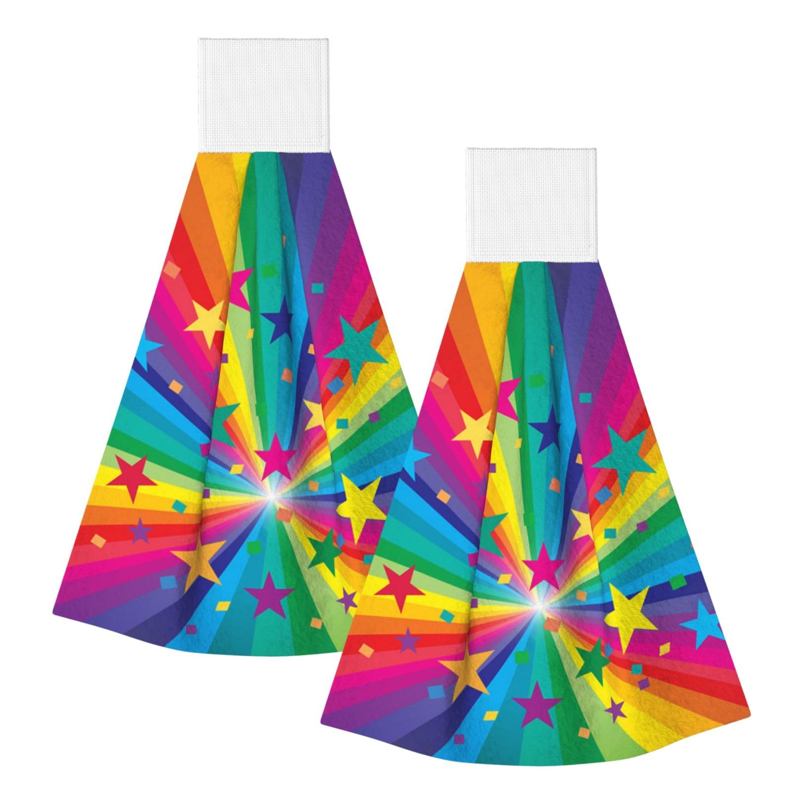 DOPKLNA Rainbow And Stars Confetti Rays, 2 Pcs Hanging Coral Fiber Hand Towels for Bathroom, Absorbent Kitchen Towels
