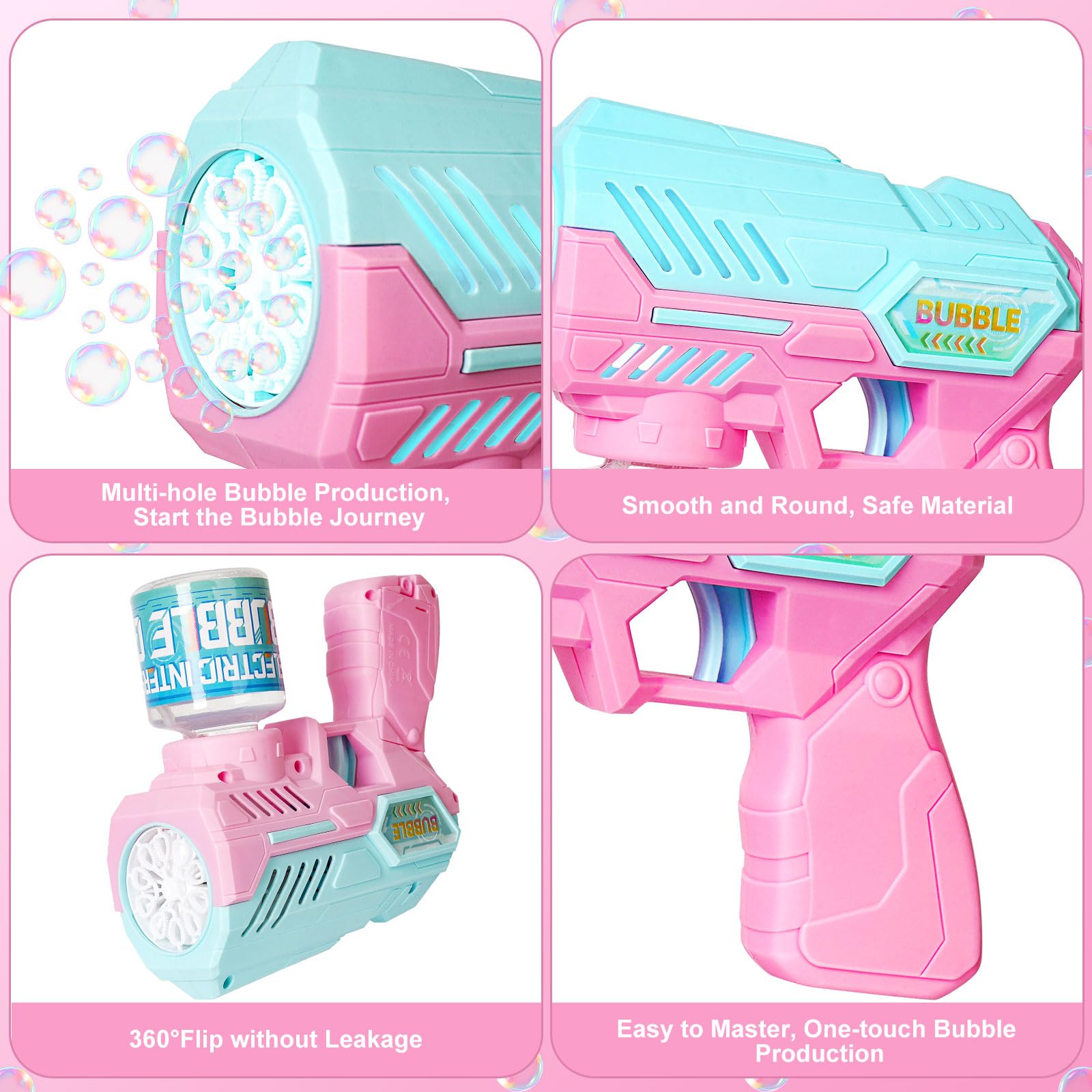Pistola de Burbujas, Burbujas de Jabon Niños Juego de 2 Piezas - 20 Paquetes de Líquido de Burbujas, Diseño de Colores Combinados, con luz LED, Completamente Automático