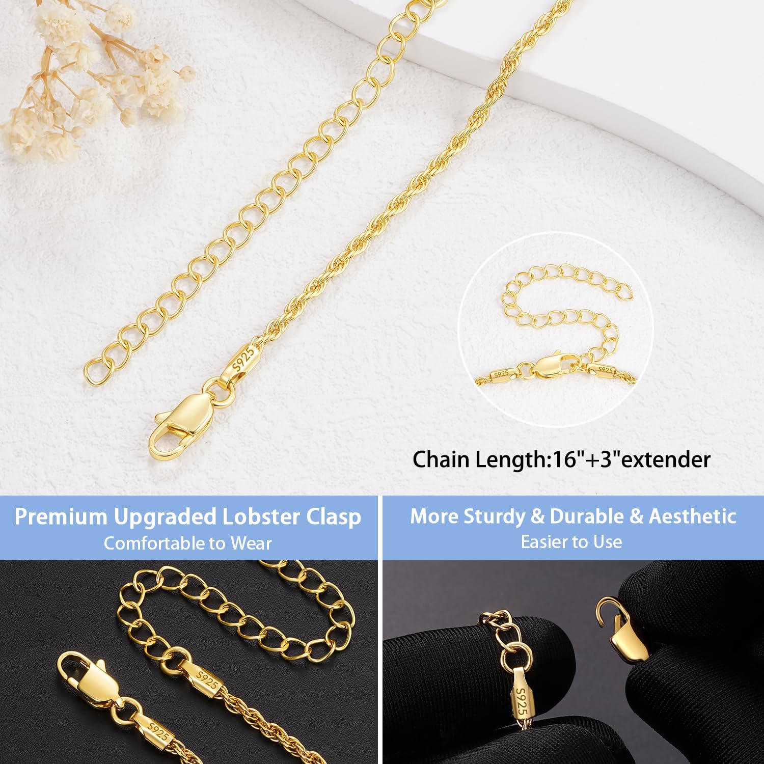 Jewlpire 18K Gold Plated 925 Sterling Silver Rope/Cuban/Paperclip/Herringbone Chain Necklaces for Women, Hypoallergenic Women's Chain Necklaces 16+3 Inch - Image 3