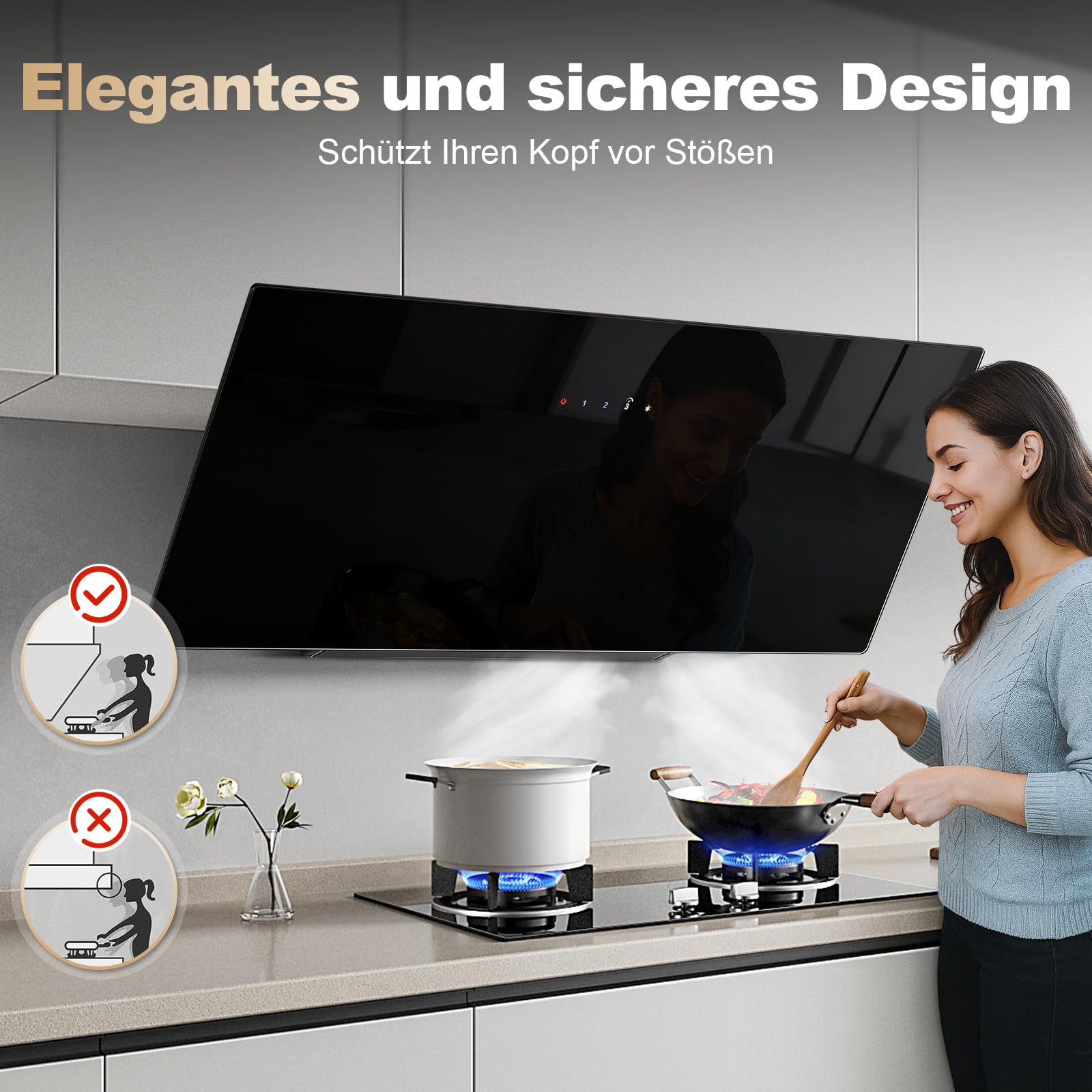 TopStrong Cappa aspirante 90 cm, Cappa Cucina Inclinata 90cm con Filtro a Carboni, 450 m³/h, Ricircolo & Canalizzazione, 3 Livelli di Regolazione + Booster, 58 dB, LED, Nero, Efficienza A+++
