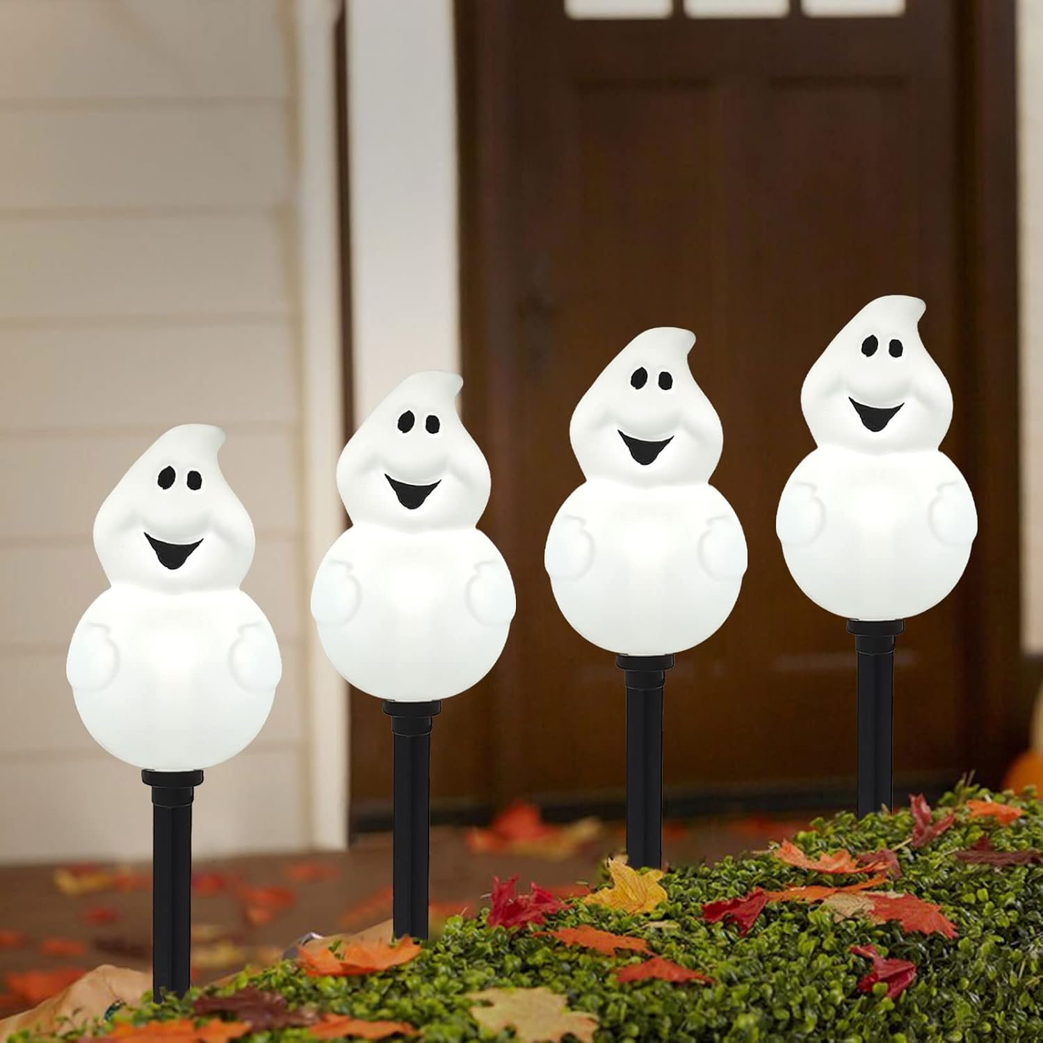 Set of 4 Halloween Pathway Markers Lights — 14.2 Inches High Battery Operated Plastic Ghost Lawn Garden Stakes Clear Lights for Trick or Treat Party Outdoor, Waterproof Halloween Decor