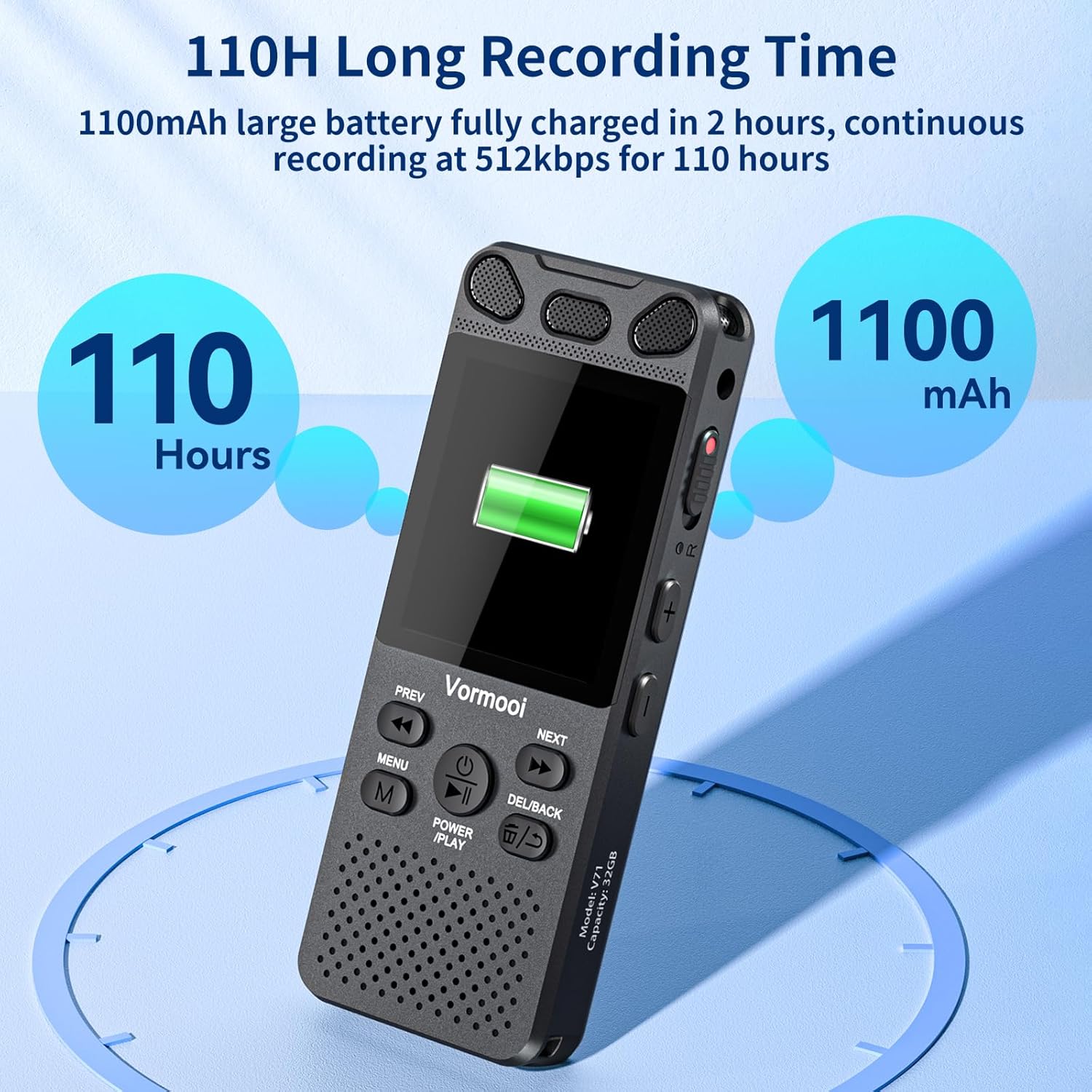 Image showing the Vormooi Digital Voice Recorder with a battery icon indicating 110 hours of recording time and 1100mAh battery capacity.