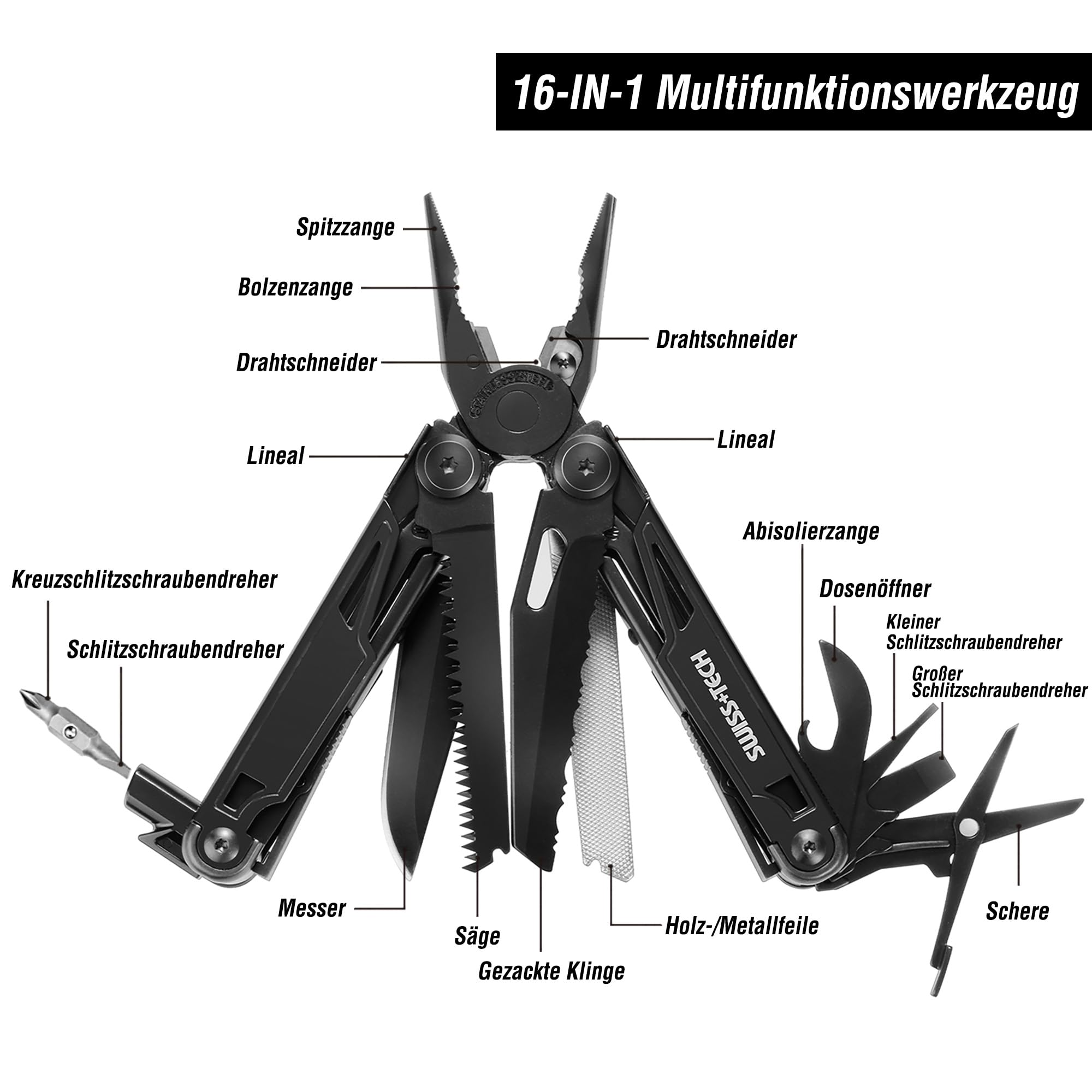 Swiss+Tech Multifunktionszange 16-in-1, Faltbare Mulitool Werkzeug Multifunktionale Zange, mit Schere, Messer, Säge, Flaschenöffner, Schraubendreher für Camping, Outdoor, Reparieren, mit Tragtasche