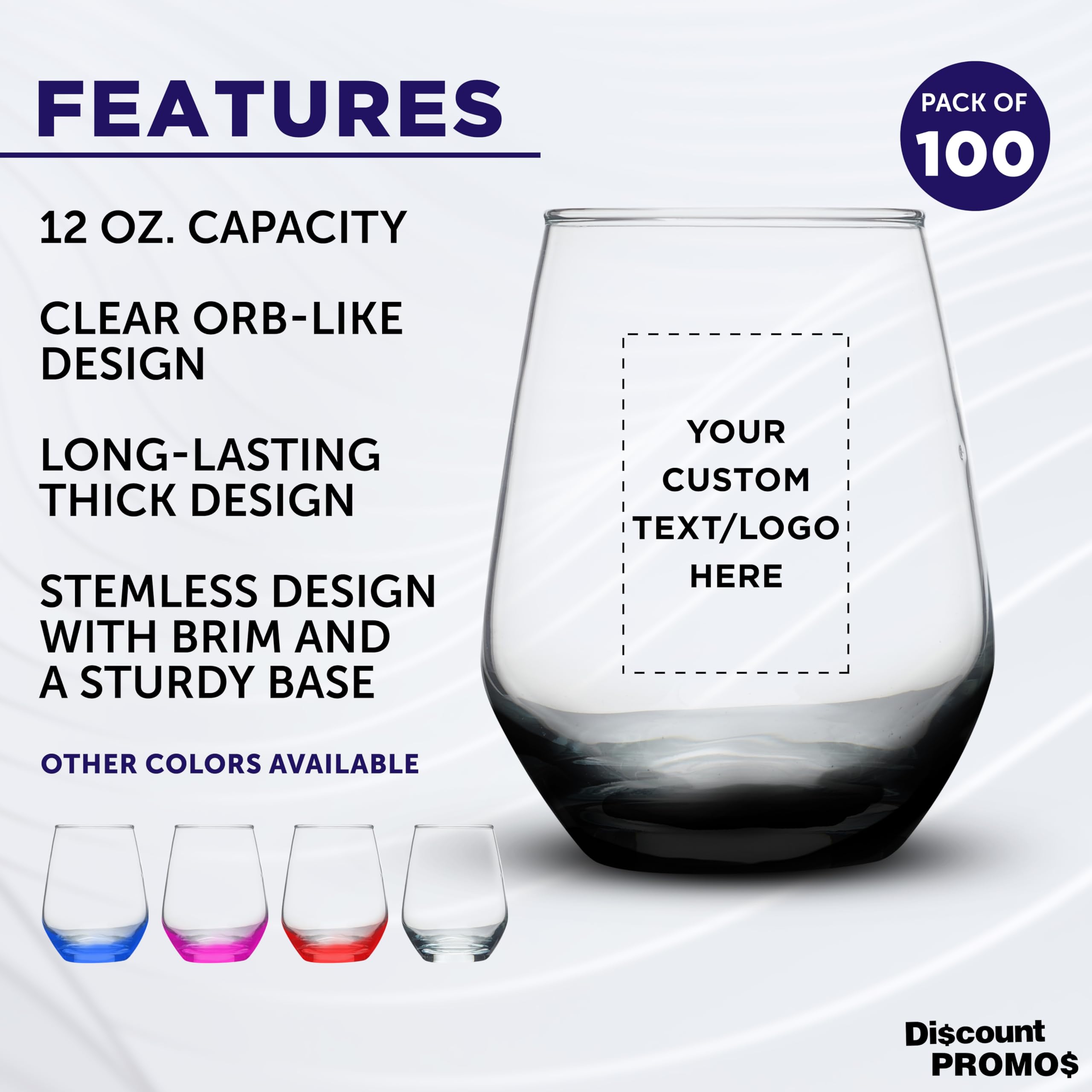 Custom Silica Stemless Wine Glasses 12 oz. Set of 100, Personalized Bulk Pack - Restaurant Glassware, Perfect for Red Wine, White Wine, Cocktails - Black
