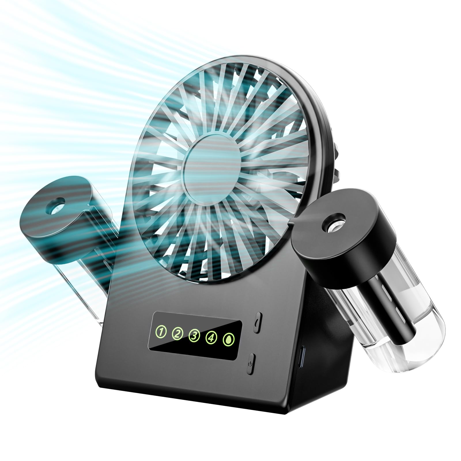 JIZZU USB Desk Fan with 2 Sprayers, Desktop Personal Fan with 4 Speeds Adjustable Wind, USB Small Fans with LED Display, Mini Portable Cooling Table Desktop Fans Rechargeable for Home, Office(Black)