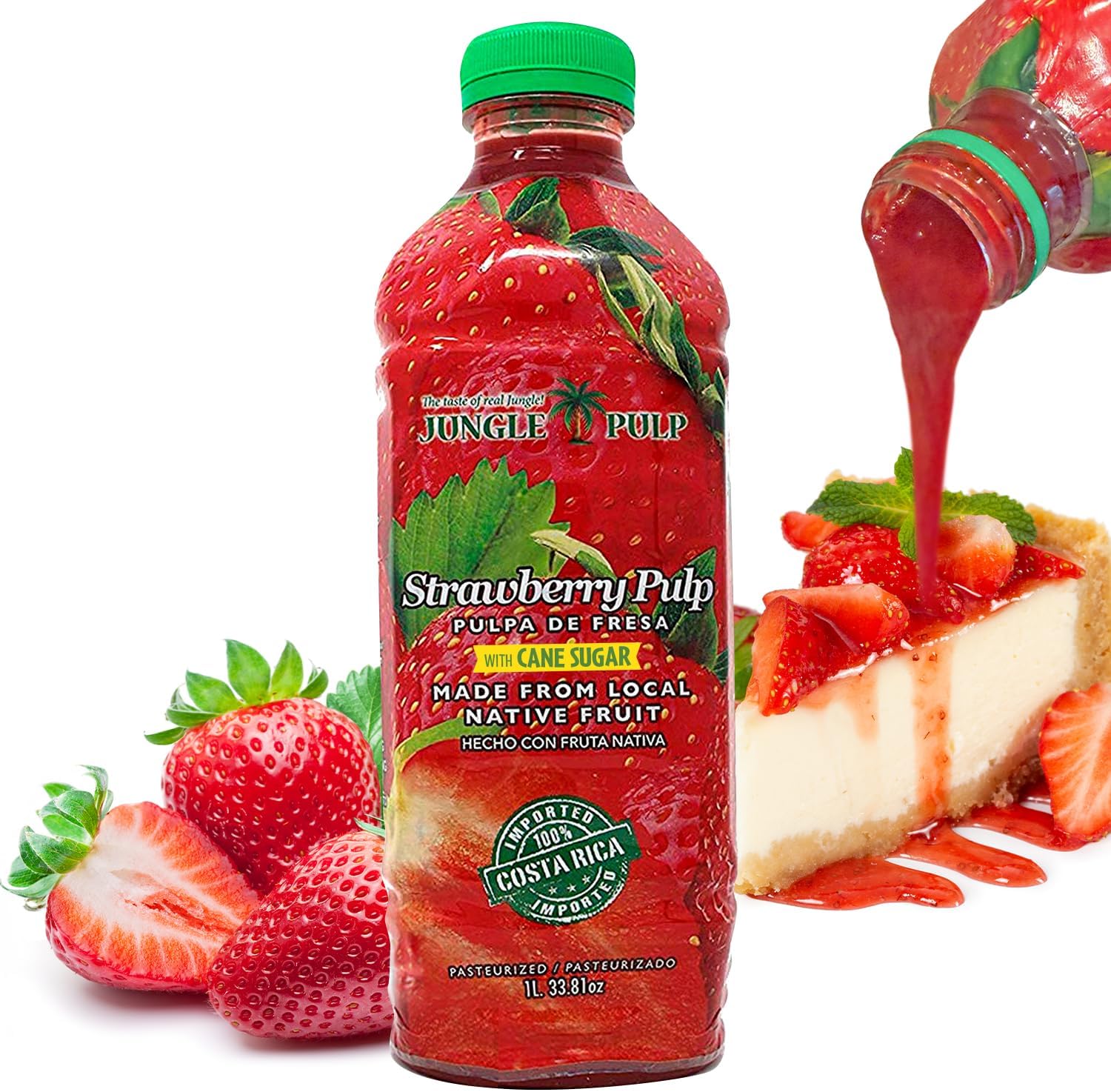 Jungle Pulp Strawberry Puree Costa Rica Blend, Topping, Flavoring Better than Syrup, Mix, for Cocktails, Smoothies, Daiquiri, Margarita, Tea, Desserts, Ice Cream and Juice. 33.8oz/1 Liter