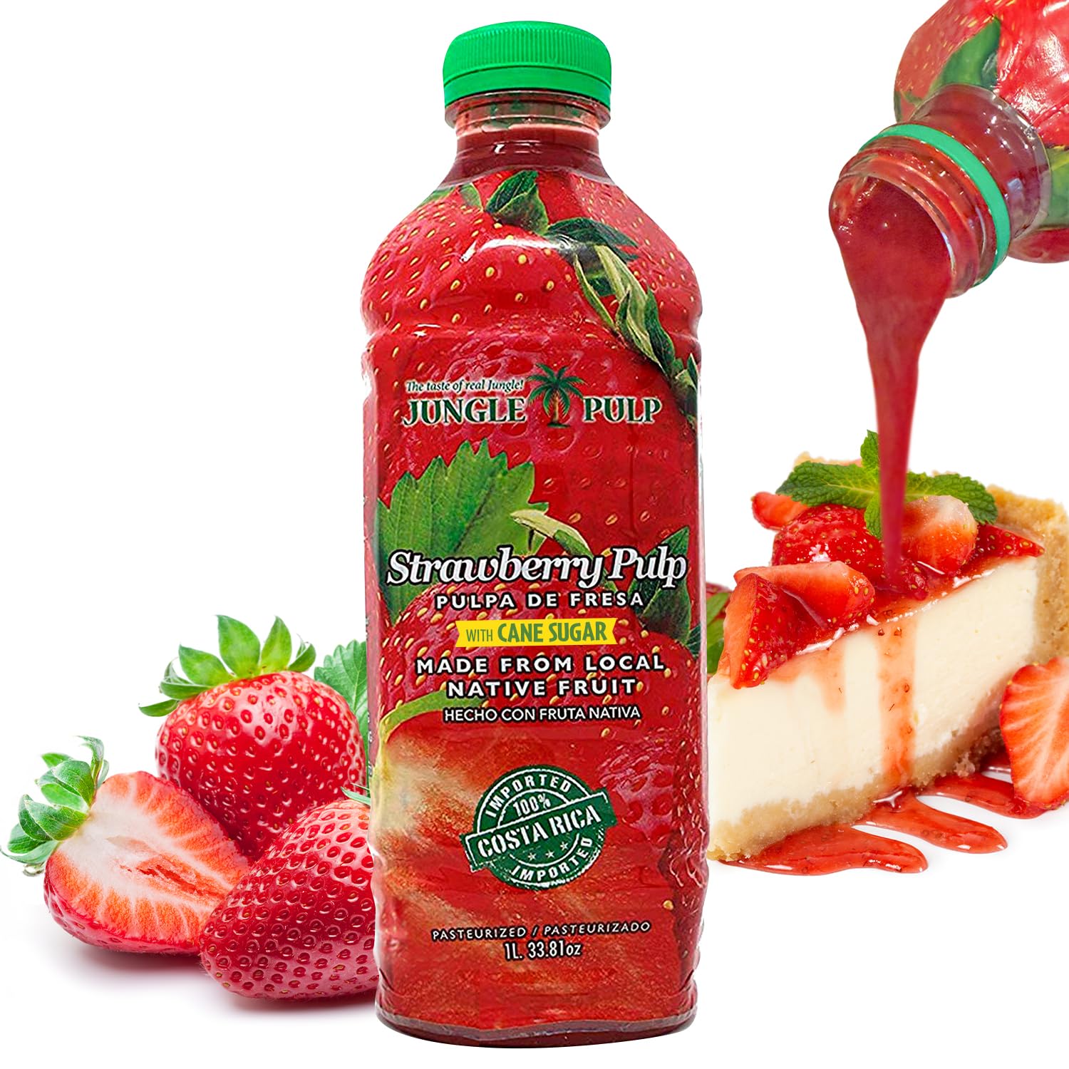 Jungle Pulp Strawberry Puree Costa Rica Blend, Topping, Flavoring Better than Syrup, Mix, for Cocktails, Smoothies, Daiquiri, Margarita, Tea, Desserts, Ice Cream and Juice. 33.8oz/1 Liter