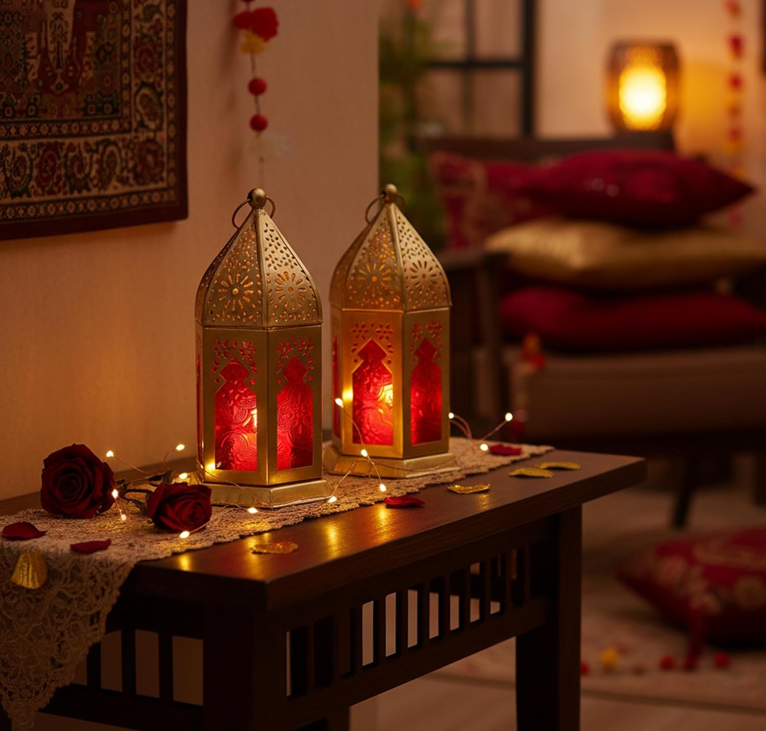 eSplanade Moroccan Lantern | Colored Glass Hanging Lamp - Set of 2 | Tealight Holder | Home Decor | Red-Golden - 6.5" Inches (Red-Golden)