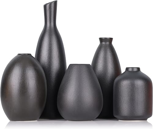 Black Ceramic Bud Vases Set of 5, Farmhouse & Mantle Decor, Home Decoration for Living Room, Kitchen & Office, Coffee Table Decor, Bulk Bud Vases