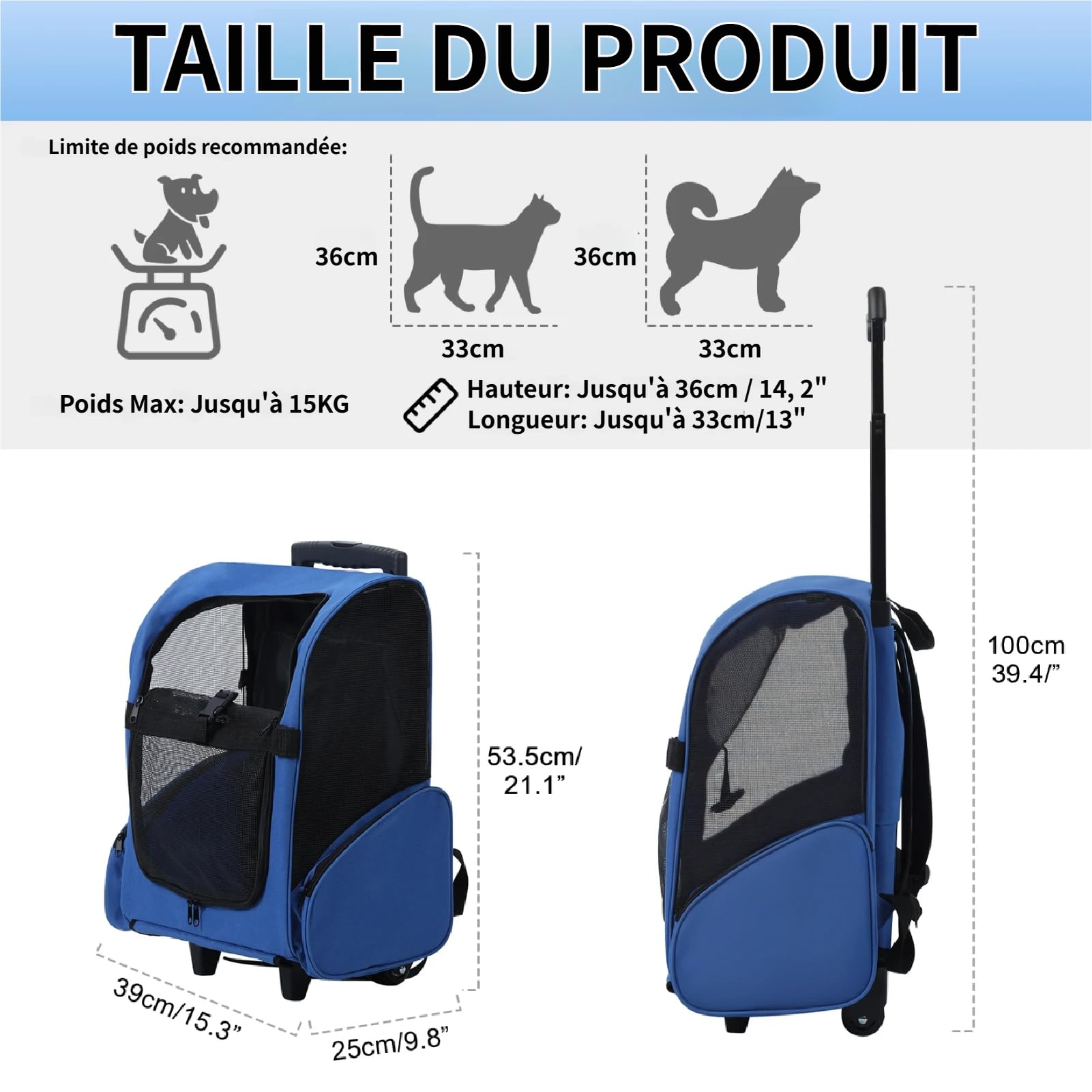 Sac à Dos à roulettes pour Chiens/Chats Supporte 15 kg, Sac à Dos de Transport pour Chien/Chat avec poignée télescopique, Trolley pour Petit et Moyen Chats et Chiens (Bleu Royal)