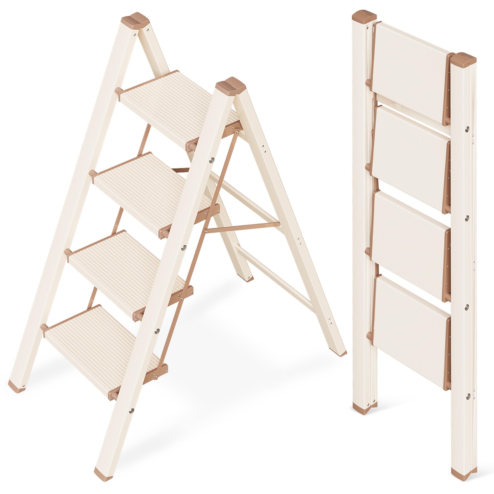 GameGem 4 Step Ladder, Aluminum Folding Step Stool with Anti-Slip Sturdy and Wide Pedal, Lightweight Portable Stepladder for Home and Kitchen Use Space Saving, 330 lbs, Chocolate White