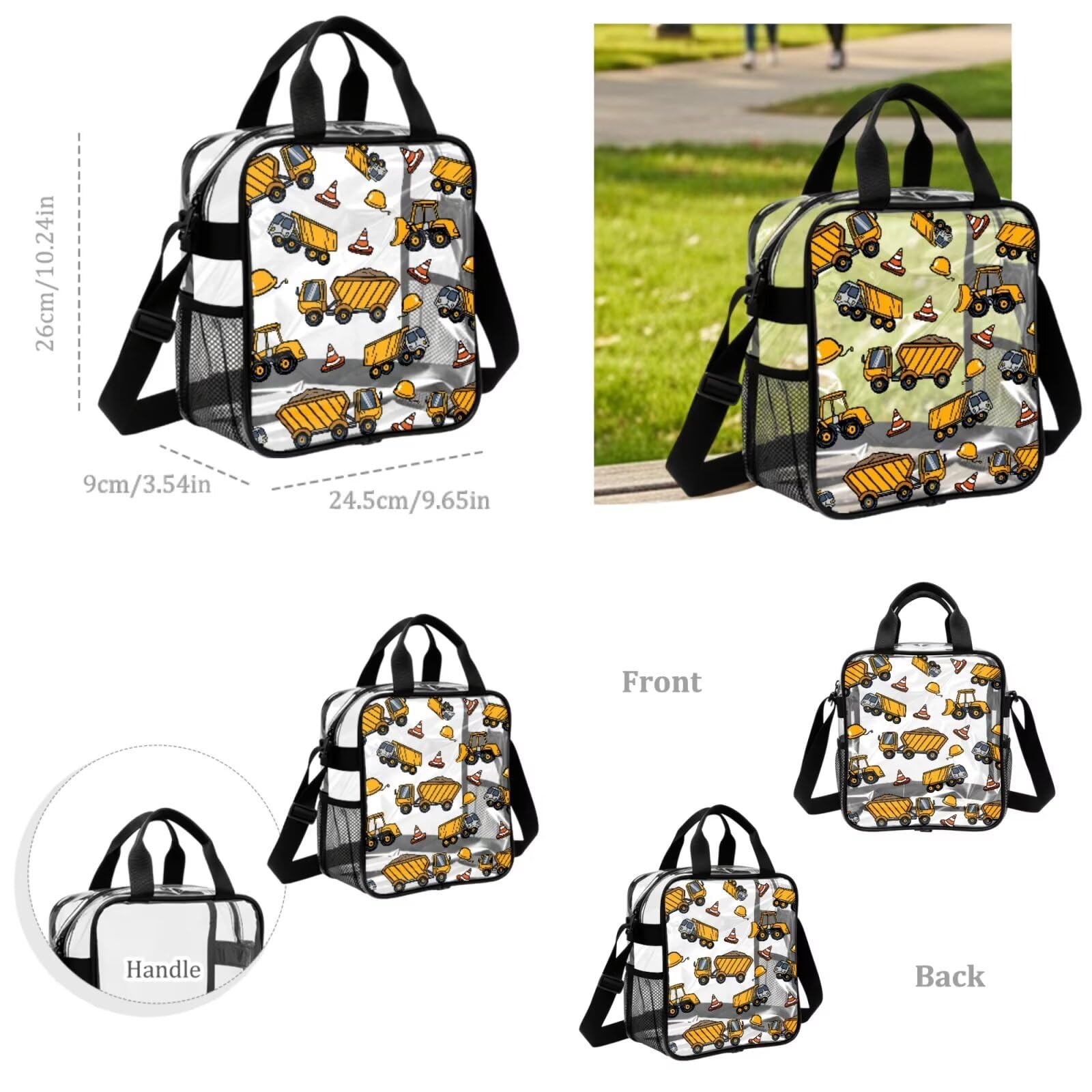 COEQINE Zaino trasparente da 4 pezzi per ragazzi 8-12 bambini borsa per libri scolastici con astuccio in PVC grande scatola per il pranzo Bookbag portachiavi, Costruzione Auto Giallo