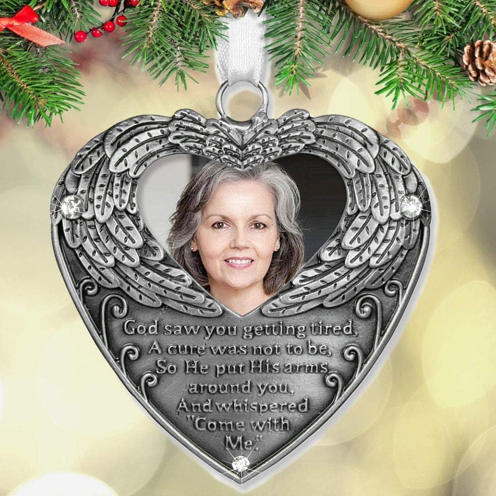 BANBERRY DESIGNS Remembrance Picture Frame and Photo Ornament - God Saw You Getting Tired Saying - Memorial Christmas Ornament is 3.25" D and the Picture Frame is 8" X 7.25"