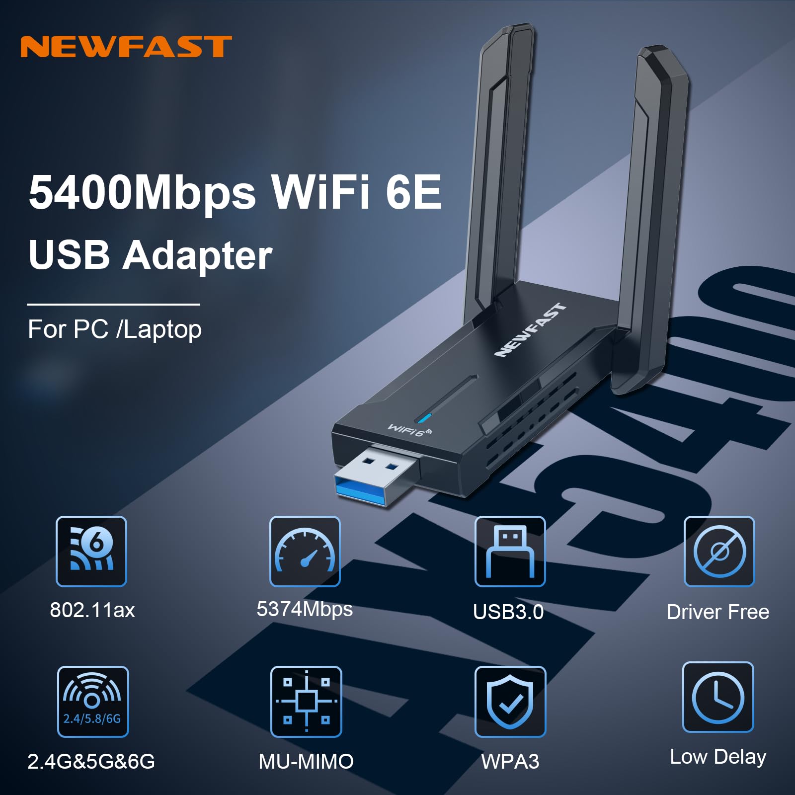 NEWFAST AXE5400 USB WiFi 6 Adapter for Desktop PC Tri-Band Wireless Network Adapter for Desktop, 6GHz/5GHz/2.4GHz Wireless Network Transceiver USB3.0 WiFi Dongle for Windows 11/10 (NF-U353)