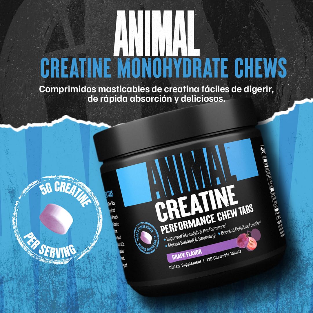 ANIMAL Creatine Performance Chew Tabs Grape - comprimidos masticables con 5 g de monohidrato de creatina por dosis y sal marina para mejorar su efecto - 120 comprimidos