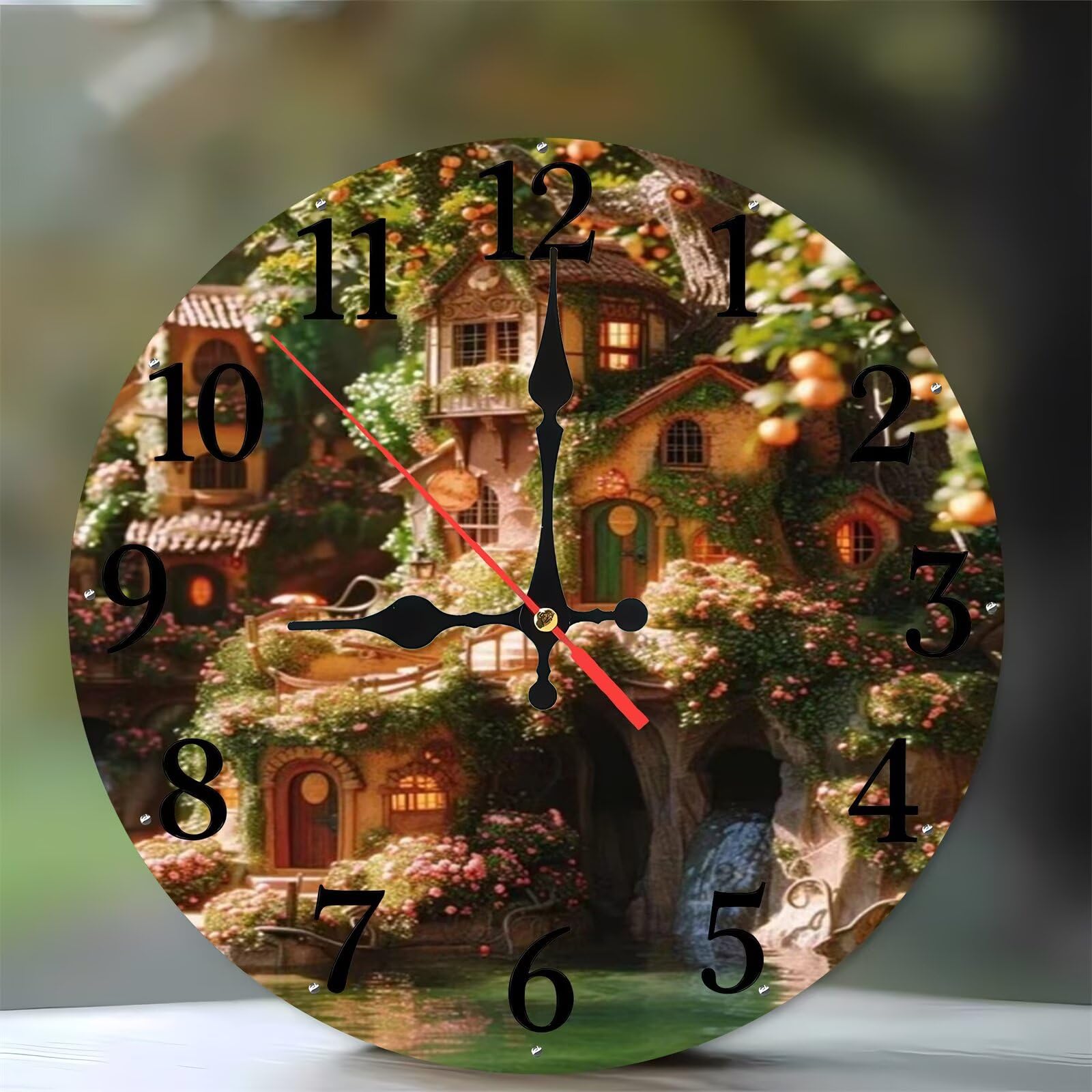 Horloge murale en bois 35 cm avec motif dessin animé au bord du lac, silencieuse à piles