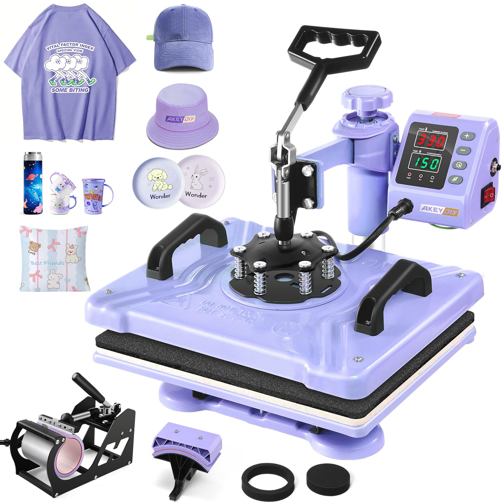 AKEYDIY - Máquina de prensado térmico 5 en 1 mejorada para camisetas, 12 x 15 pulgadas, 360 grados de giro, para sublimación, multifuncional, para transferencia de calor de camisetas, color morado, 5 en 1
