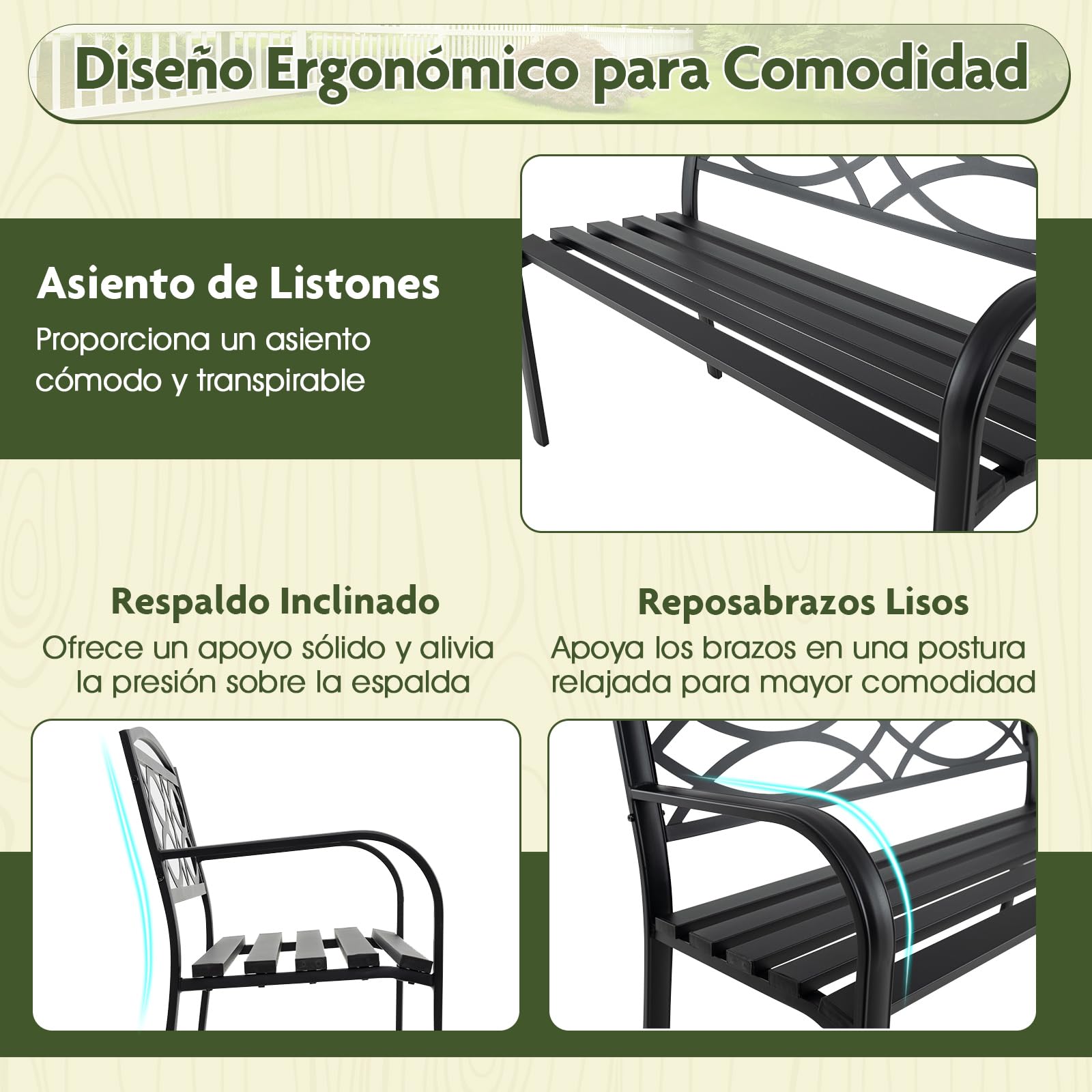 GOPLUS Banco de Jardín de Metal Resistente con Respaldo | Asiento con Listones y Reposabrazos Curvados para 2 Personas, Mueble de Exterior para Patio Trasero, Piscina, Porche y Parque
