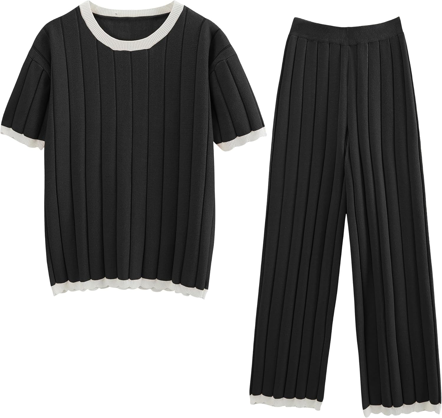 Lumister Two Piece Sets for Women Sweater Sets Short Sleeve Knit Pullover Tops Wide Leg Pants Lounge Sets