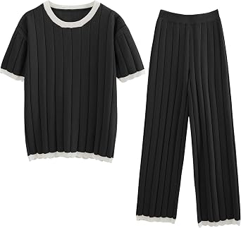 Lumister Two Piece Sets for Women Sweater Sets Short Sleeve Knit Pullover Tops Wide Leg Pants Lounge Sets