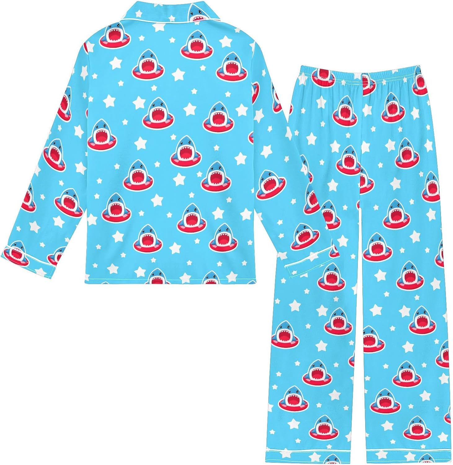 Kids Casual Satin Wear Set Cartoon Shark Star Pattern Unisex Relaxed Fit Clothing
