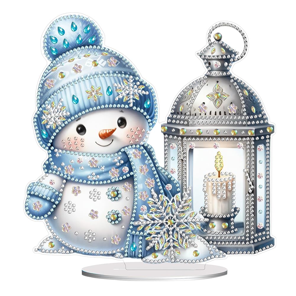 AMZGSHOP 5D DIY Christmas Diamond Painting Tabletop Ornament, Snowman Light House Acrylic Desk Decoration, Xmas Desktop Ornament Craft Gift for Adults & Kids
