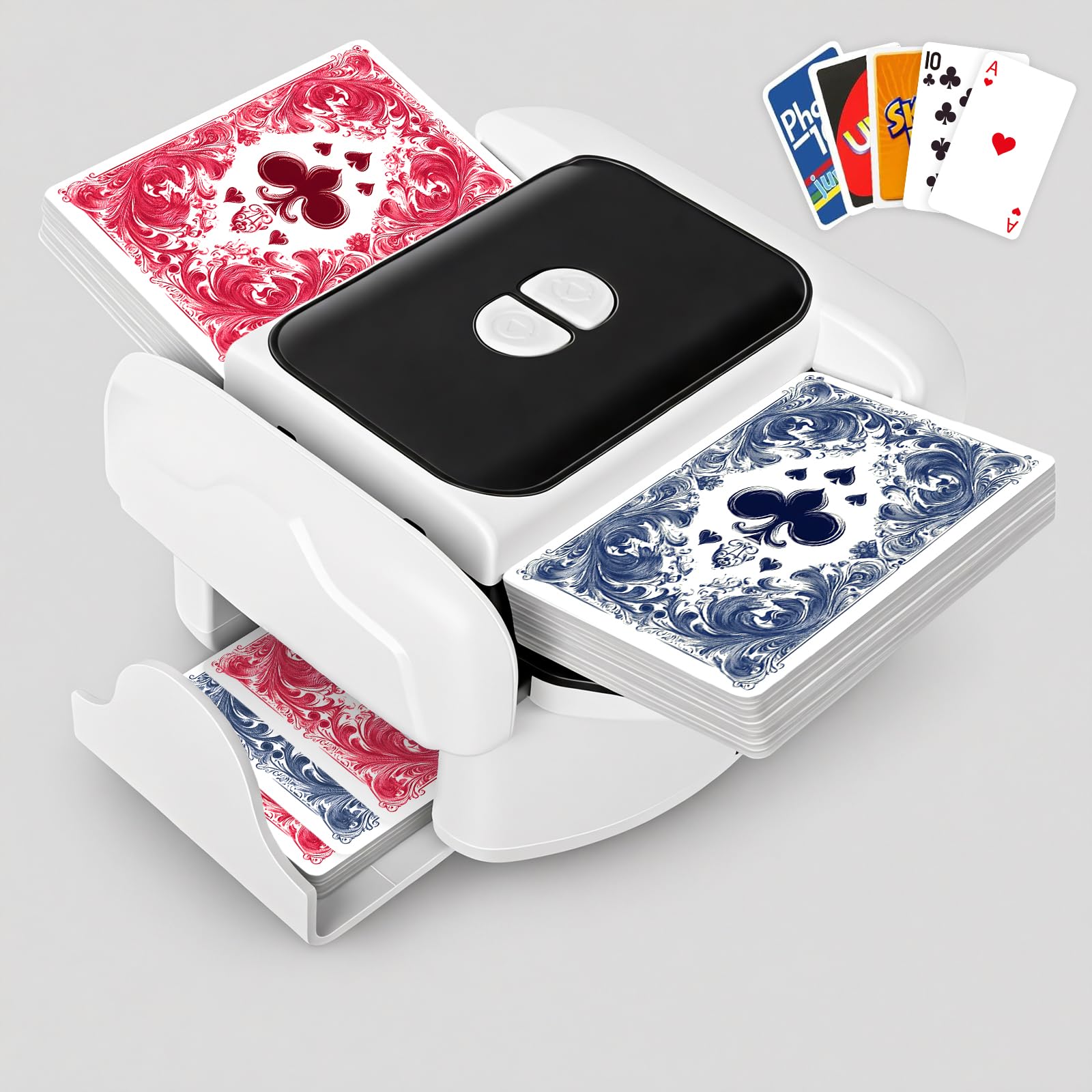 BEE&FLOWER Card Shuffler - Rechargeable Low Noise & Jam-Free | Fast Shuffle for 1–2 Decks with Pull-Out Tray, Auto & Manual Modes Compatible with