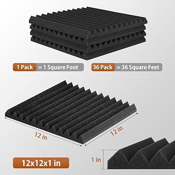 36 Pack Acoustic Foam Panels with Self-Adhesive, 12x12x1 Inches Wedge Soundproofing Panels for Walls, High Density Soundproof Foam for Studio, Home Office, Gaming Room