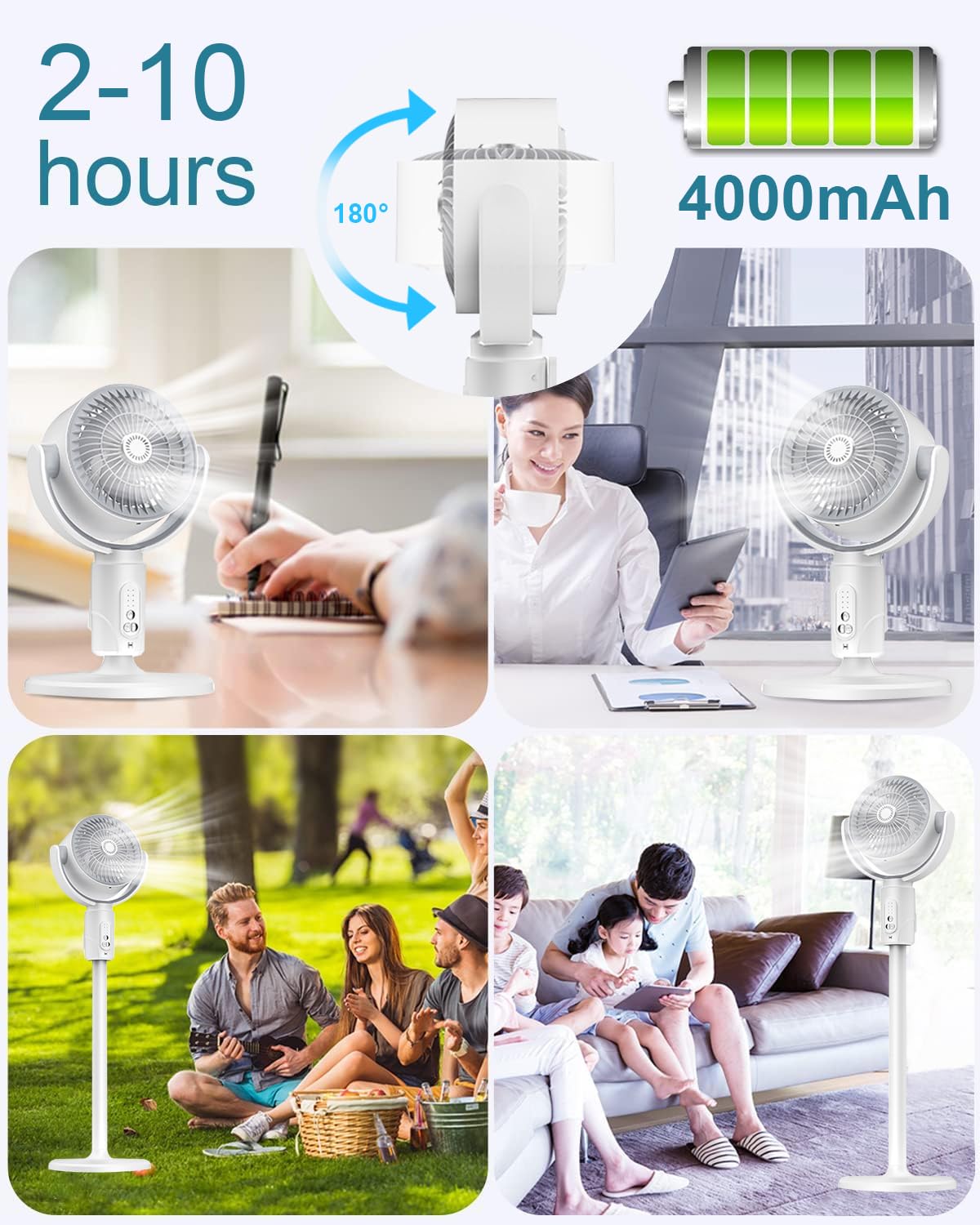 Ventilatore a piantana silenzioso, senza fili, con telecomando, altezza regolabile da 32 a 82 cm e 5 velocità regolabili, oscillazione orizzontale di 90° e inclinazione verticale di 180°