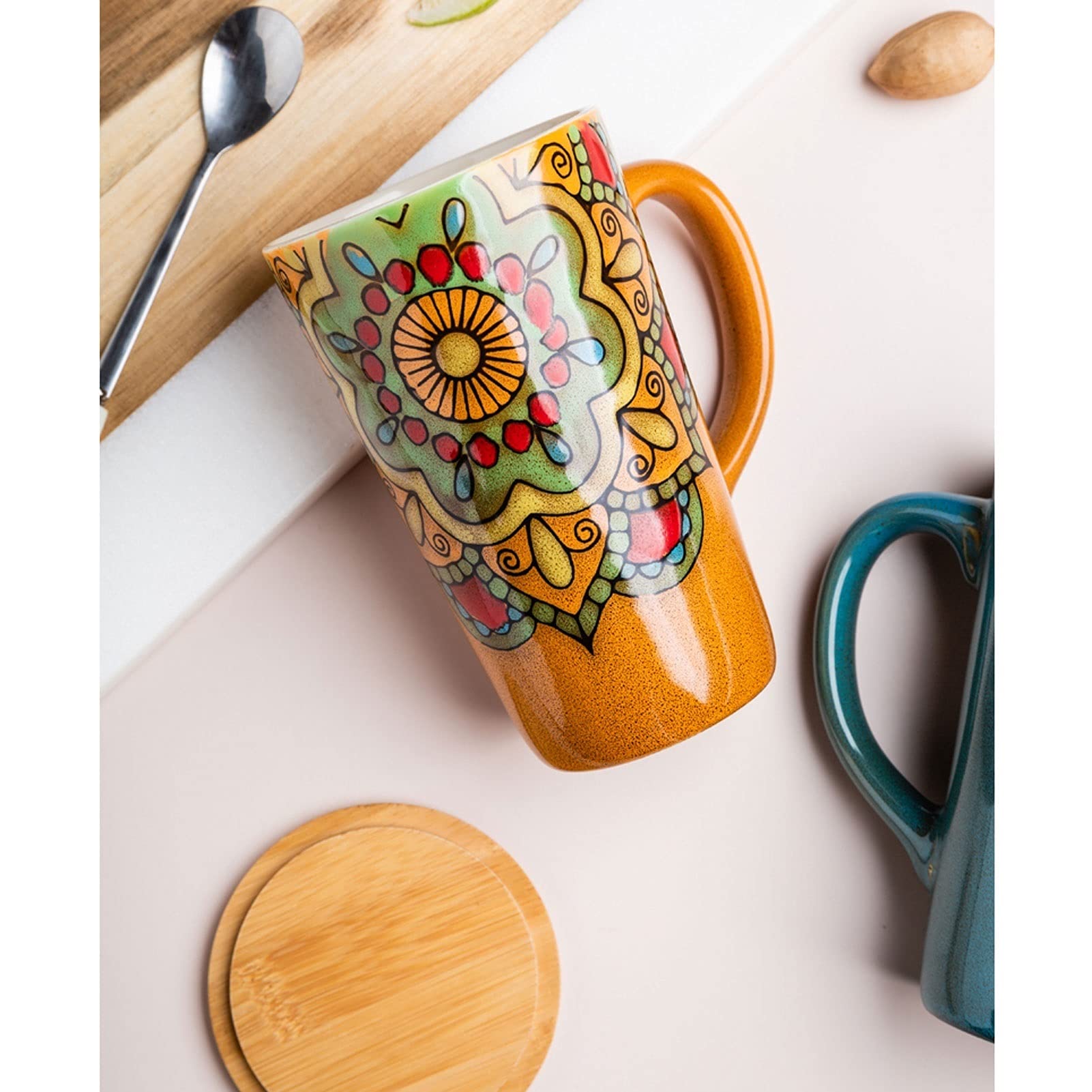 Taza de café, Taza de té, Taza de Estilo étnico, Taza de café Retro Pintada a Mano, Taza Larga Grande, Taza de cerámica de Gran Capacidad (B)