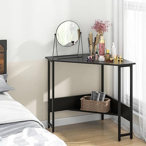 Miniatura 13 de Escritorio esquinero industrial, escritorio de computadora con toma de corriente, estantes de almacenamiento y marco de metal, escritorio de madera