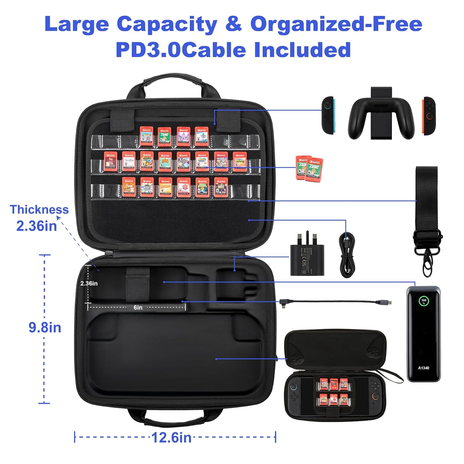 Switch 2 case - 2-in-1 Detachable Travel Bag for Nintendo Switch 2 with Dedicated Slot for Anker 737 Power Bank, Hard Shell Carrying Case with Shoulder Strap, PD Cable & Transparent Game Storage