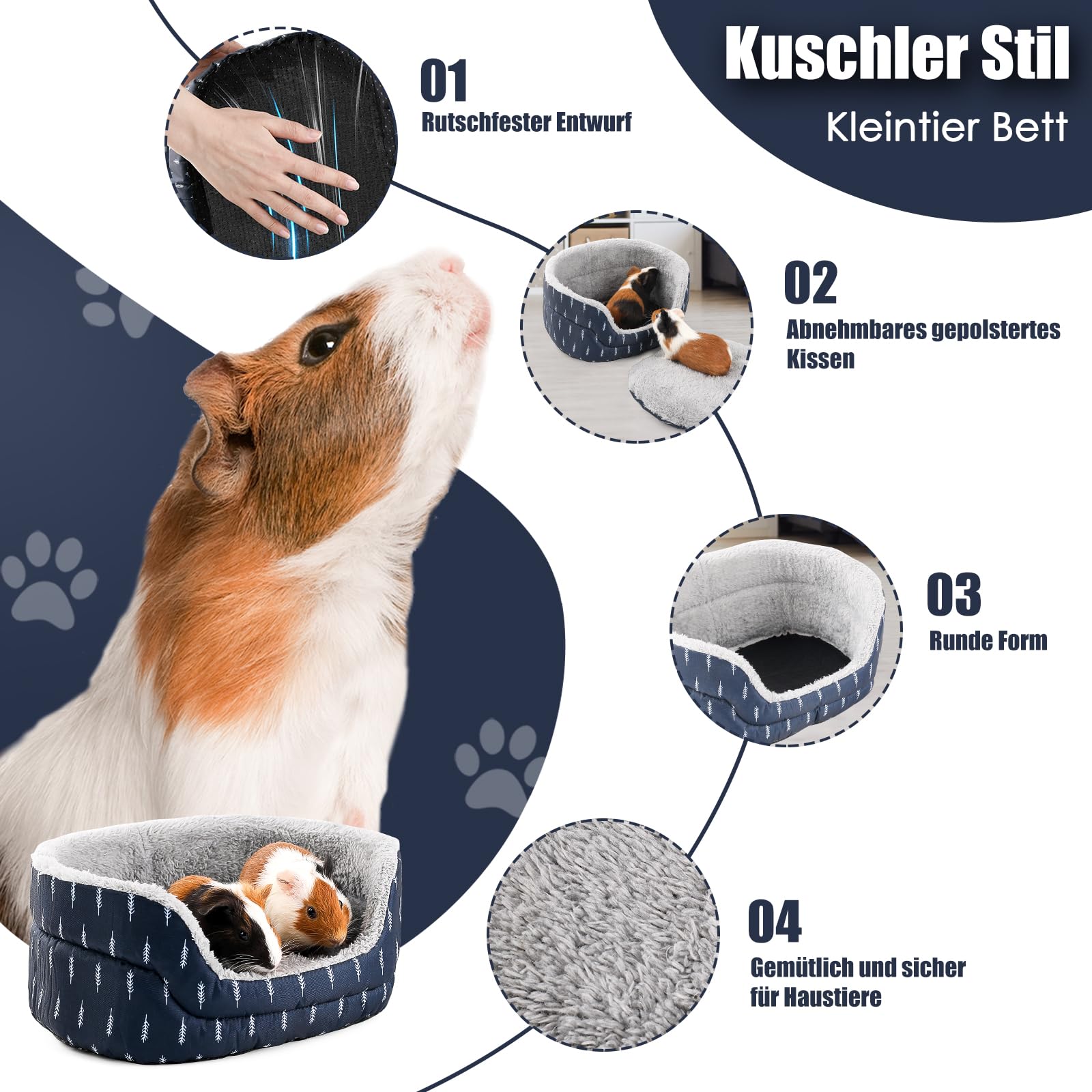 Meerschweinchen Bett, ovales kuschelhöhle, abnehmbare Unterlage, ideal Meerschweinchen Zubehoer für kleine Haustiere, Kuschelschalenform, dunkelblau, Blätter Muster - 4