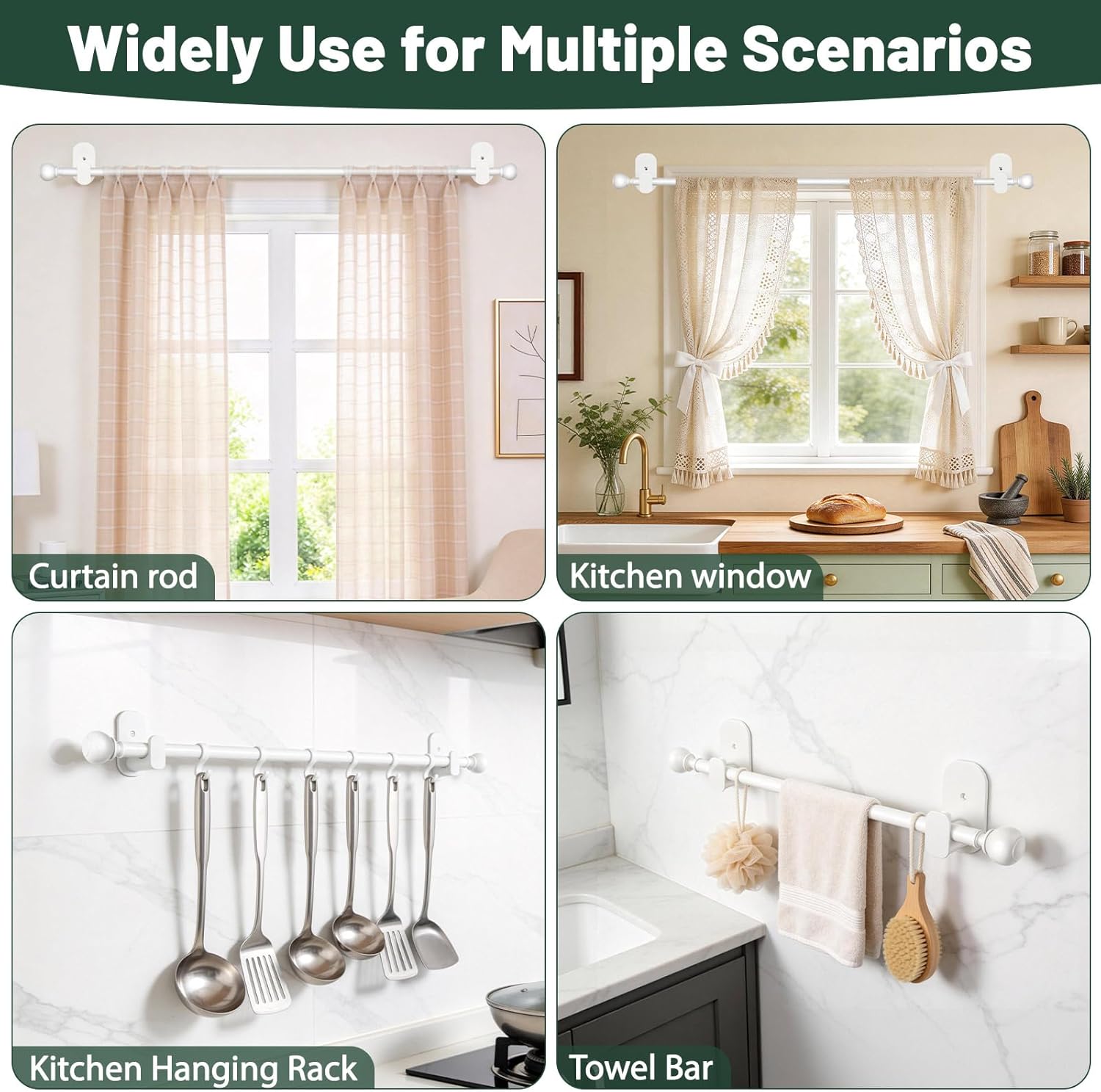 2 Pack White No Drill Curtain Poles for Windows 48 to 84 Inches, USFOOK 5/8 Inch Window Treatment Rods with 3M Adhesive Brackets, Renter Friendly Curtain Rod with Round Finials