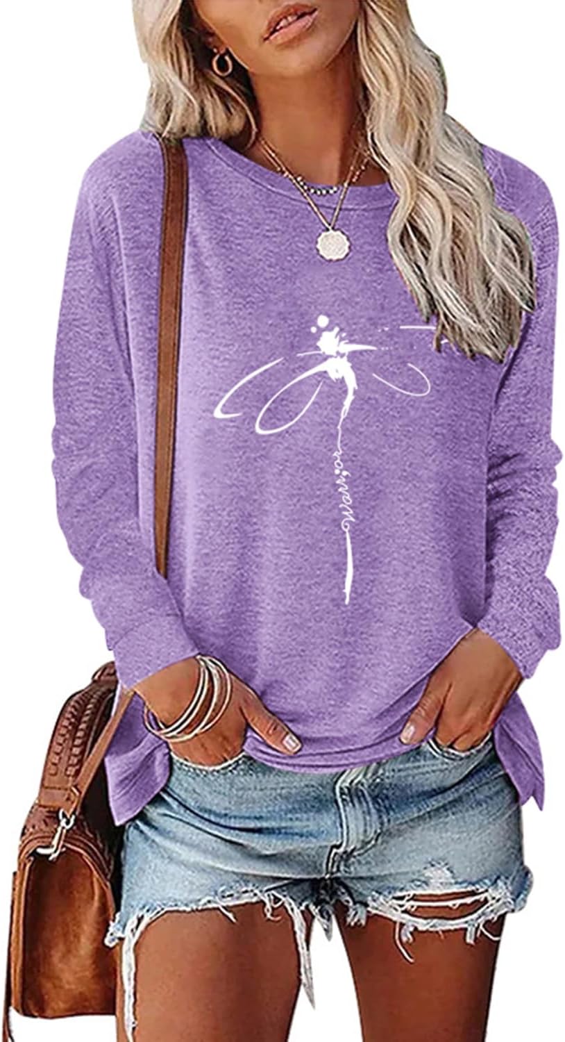Women's Dragonfly Trendy Graphic Long Sleeve Shirts Basic Tee Fall Winter Loose Cozy Cute Pullover Tops