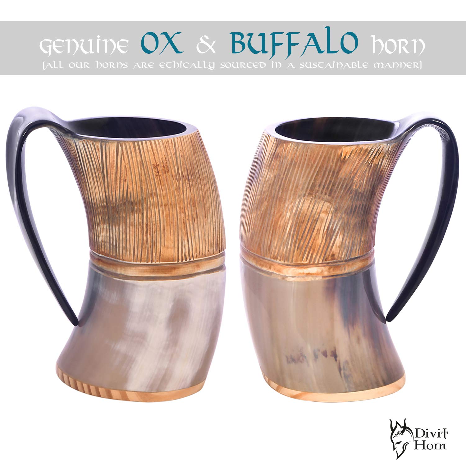 Viking Culture,Tazza in corno vichingo con apriscatole, supporto, finitura lucida con autentico stile norvegese medievale Finitura lucida, cintura in pelle