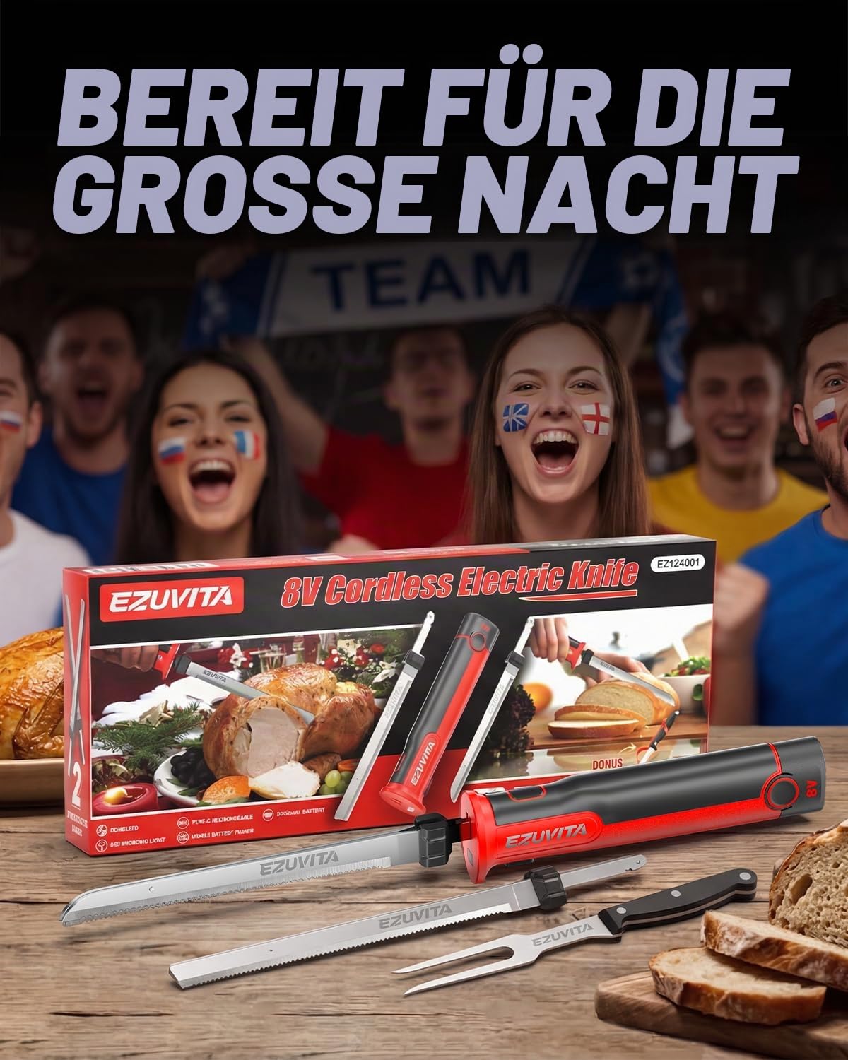 Elektromesser, Kabelloses Küchenmesser mit 2 Edelstahlklingen, 2000-mAh-Akku, Rot
